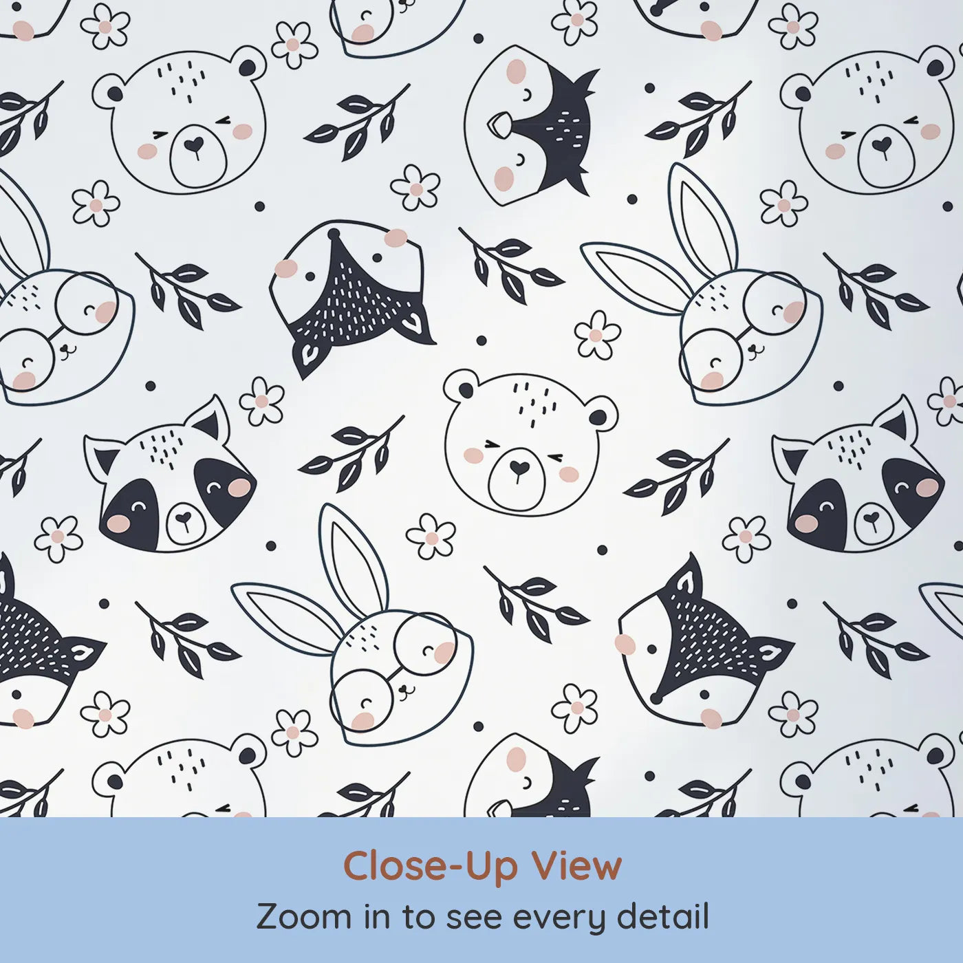 Close-up view of Whimsy Tots' Woodland Scribble Friends Wallpaper in Monochrome (W3456A).Playful woodland animals sketched in black and blush bring smiles to every corner.
