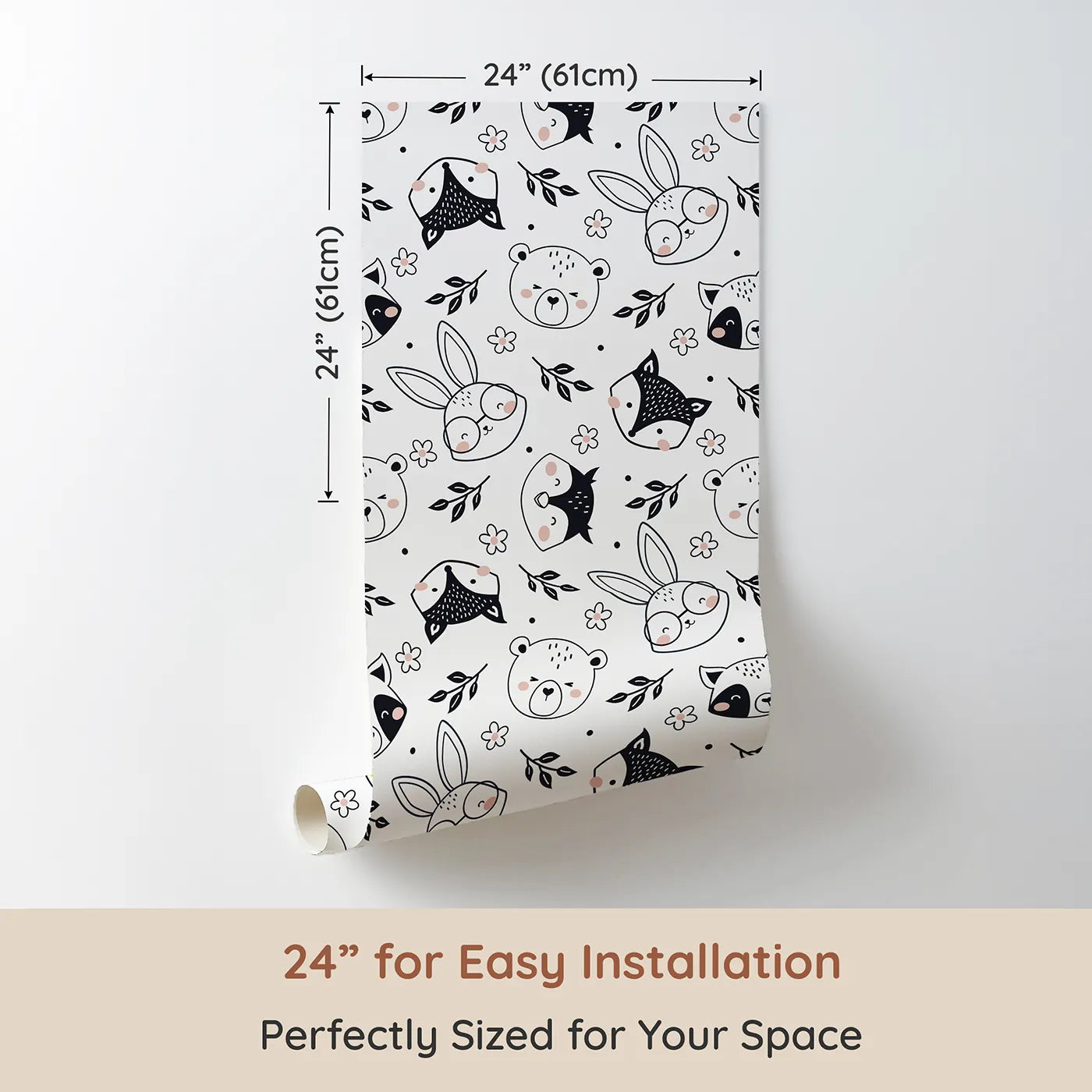 Dimension view of Whimsy Tots Woodland Scribble Friends Wallpaper in Monochrome (W3456A). Printed in 24-inch-wide panel for easy installation. Playful woodland animals sketched in black and blush bring smiles to every corner.