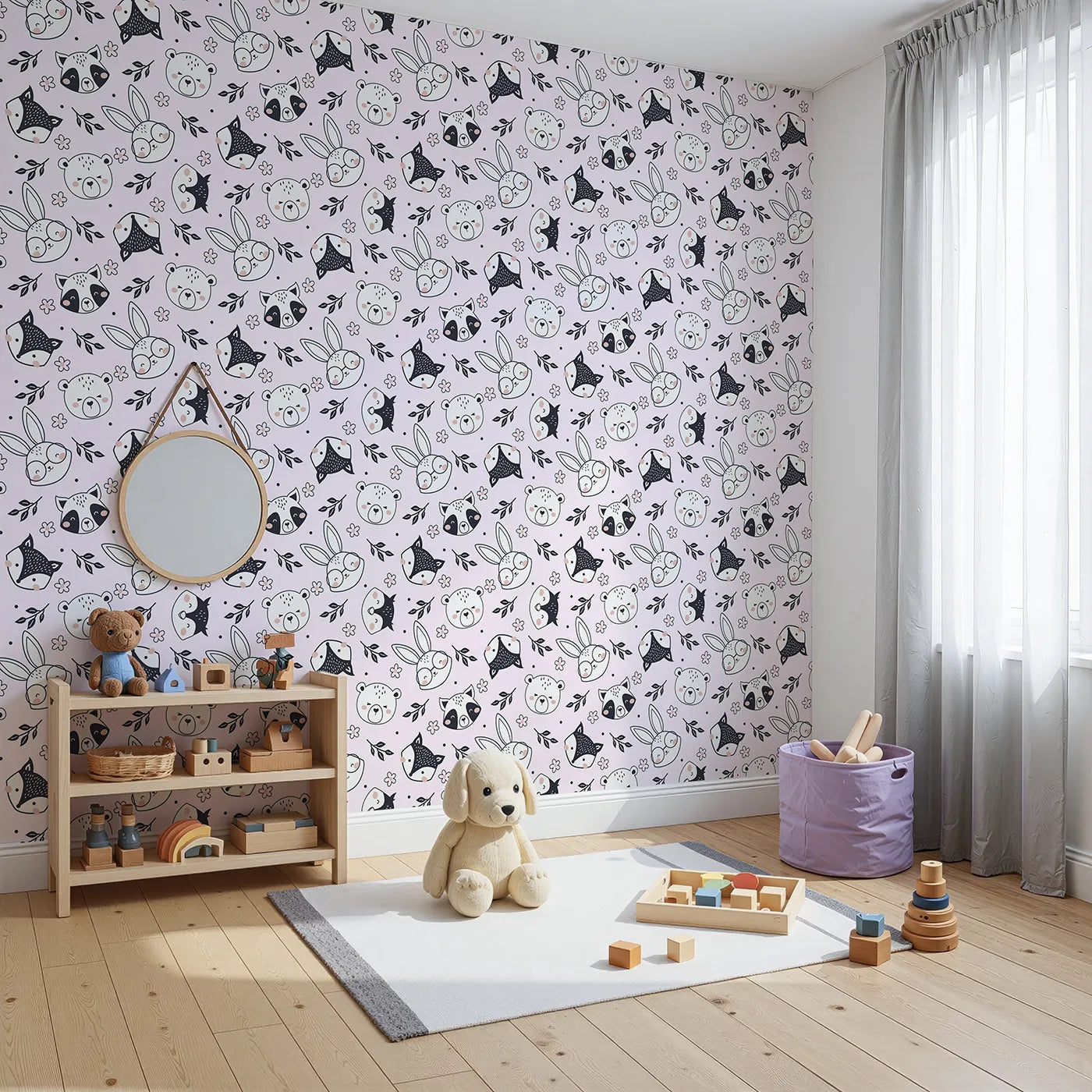 Angled view of Whimsy Tots' Woodland Scribble Friends Wallpaper in Blush Pink (W3456B).Hand-drawn woodland faces and florals pop against a soft blush sky.