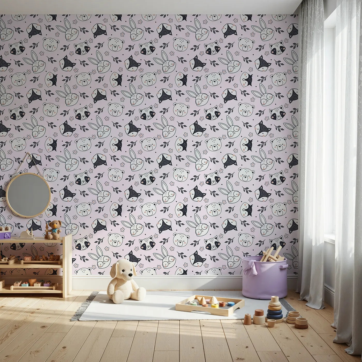 Front view of Whimsy Tots' Woodland Scribble Friends Wallpaper in Blush Pink