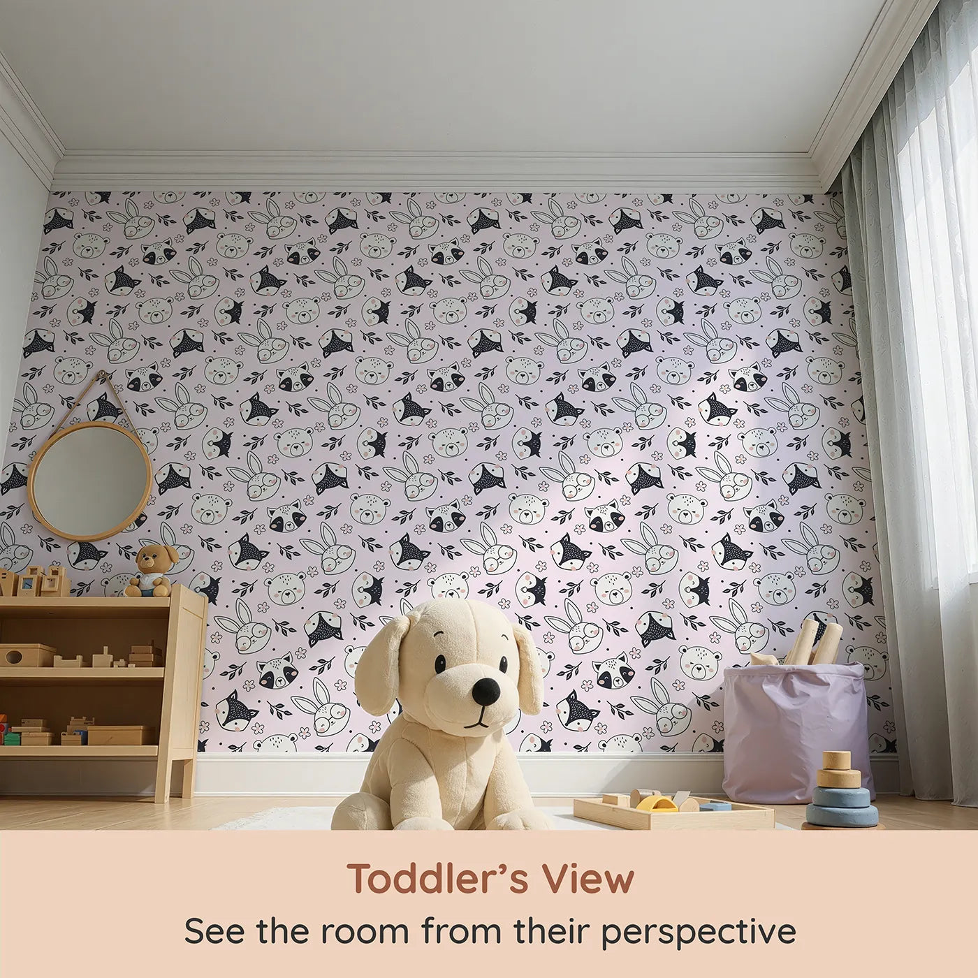 Whimsy Tots Woodland Scribble Friends Wallpaper in Blush Pink (W3456B) from your child's view.Hand-drawn woodland faces and florals pop against a soft blush sky.