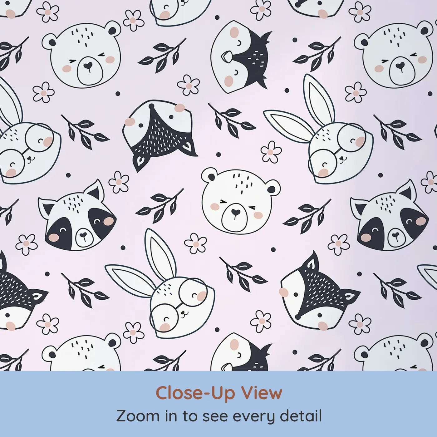 Close-up view of Whimsy Tots' Woodland Scribble Friends Wallpaper in Blush Pink (W3456B).Hand-drawn woodland faces and florals pop against a soft blush sky.