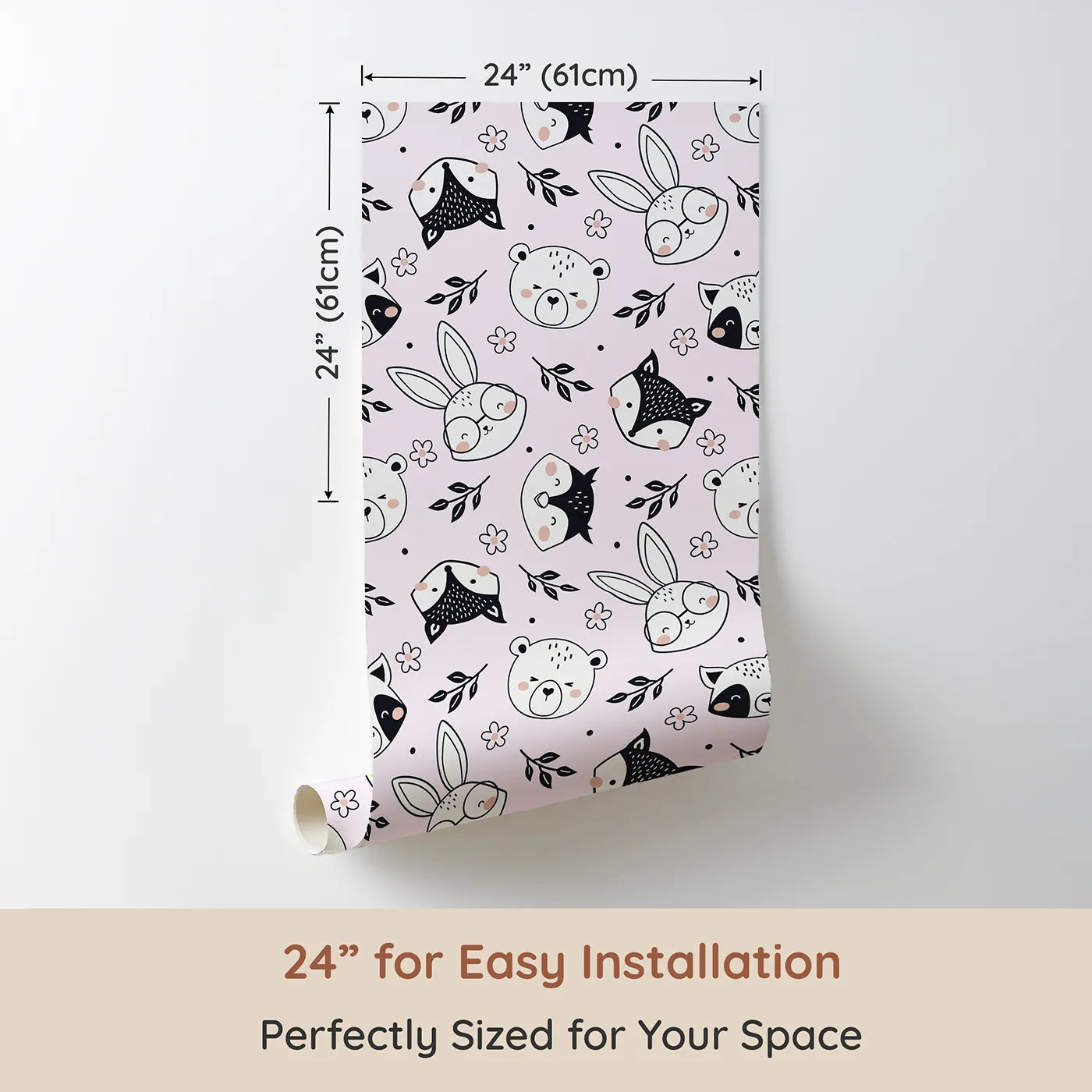 Dimension view of Whimsy Tots Woodland Scribble Friends Wallpaper in Blush Pink (W3456B). Printed in 24-inch-wide panel for easy installation. Hand-drawn woodland faces and florals pop against a soft blush sky.