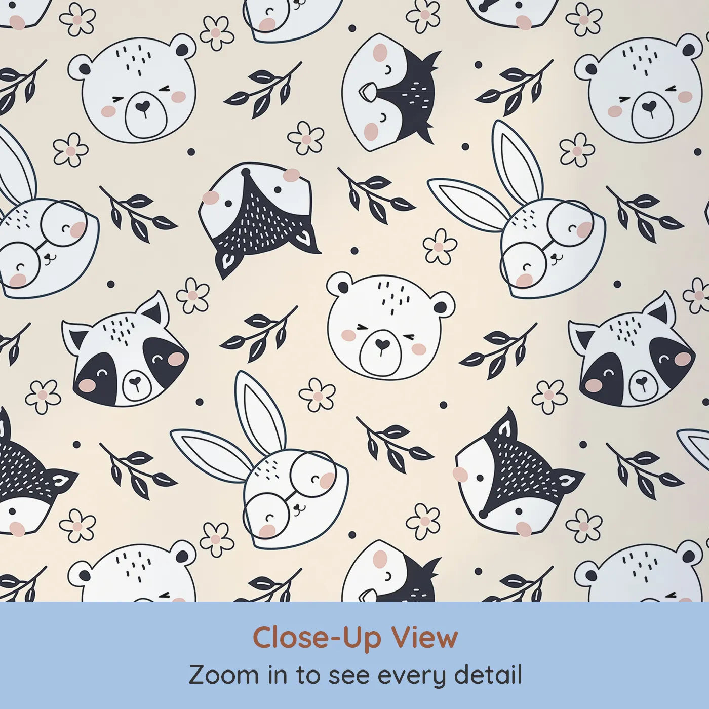 Close-up view of Whimsy Tots' Woodland Scribble Friends Wallpaper in Cream (W3456C).Cute woodland animals and leafy branches play across a warm cream sky.