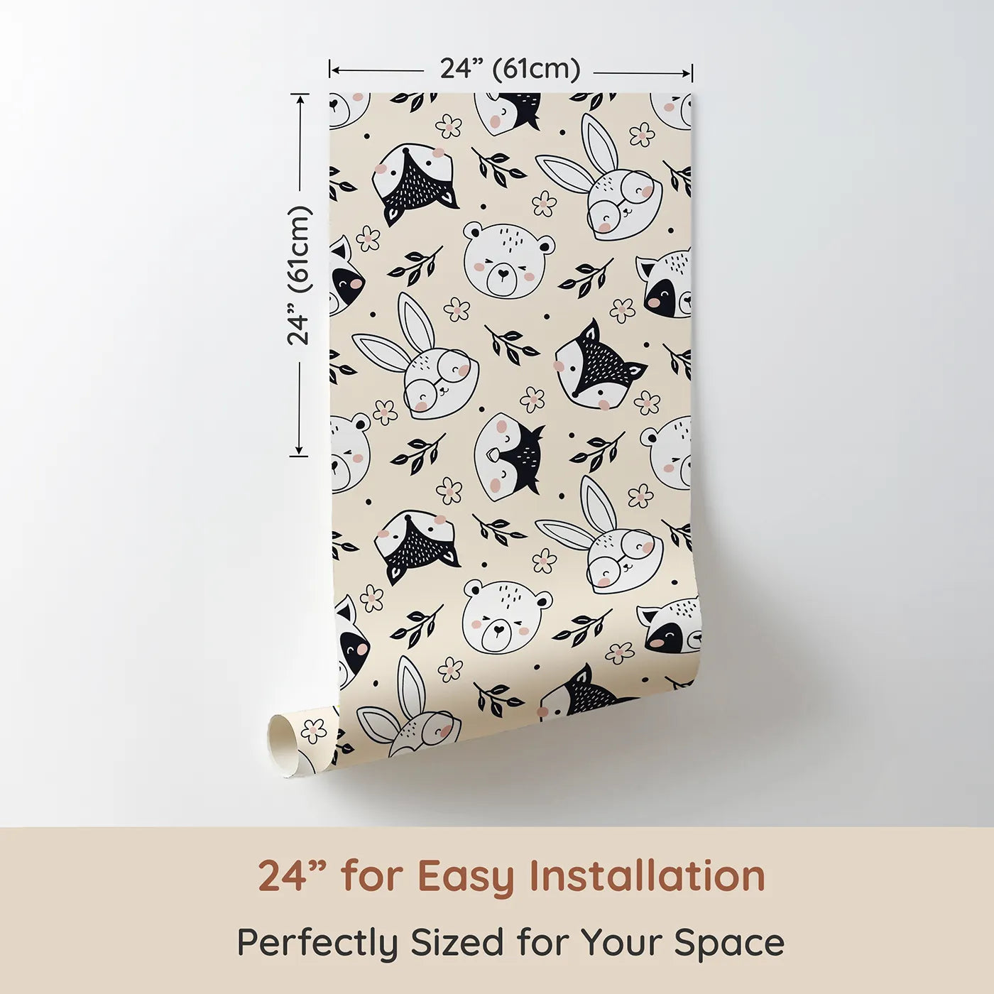 Dimension view of Whimsy Tots Woodland Scribble Friends Wallpaper in Cream (W3456C). Printed in 24-inch-wide panel for easy installation. Cute woodland animals and leafy branches play across a warm cream sky.