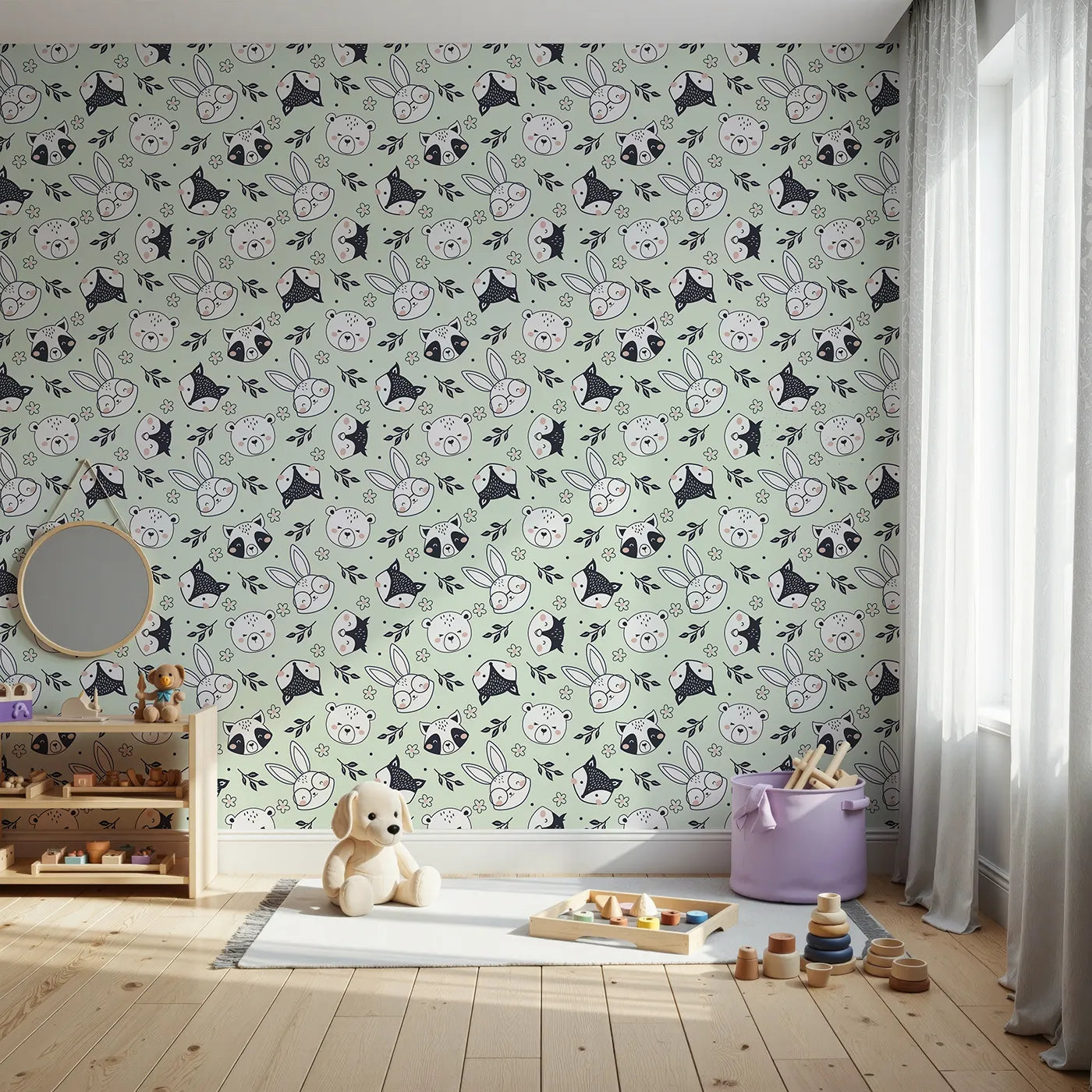 Front view of Whimsy Tots' Woodland Scribble Friends Wallpaper in Mint Green