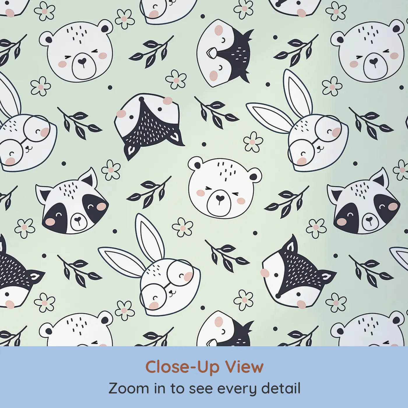 Close-up view of Whimsy Tots' Woodland Scribble Friends Wallpaper in Mint Green (W3456D).Friendly forest faces and florals play across a breezy mint green sky.