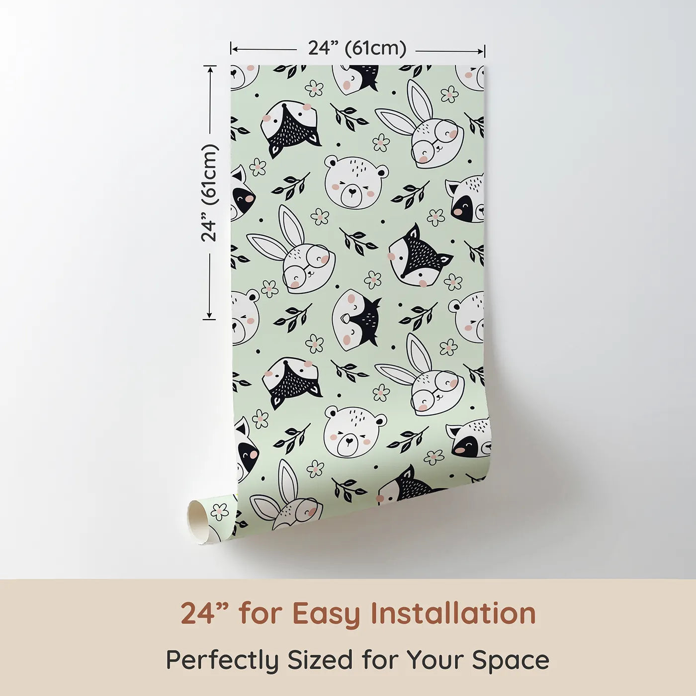 Dimension view of Whimsy Tots Woodland Scribble Friends Wallpaper in Mint Green (W3456D). Printed in 24-inch-wide panel for easy installation. Friendly forest faces and florals play across a breezy mint green sky.