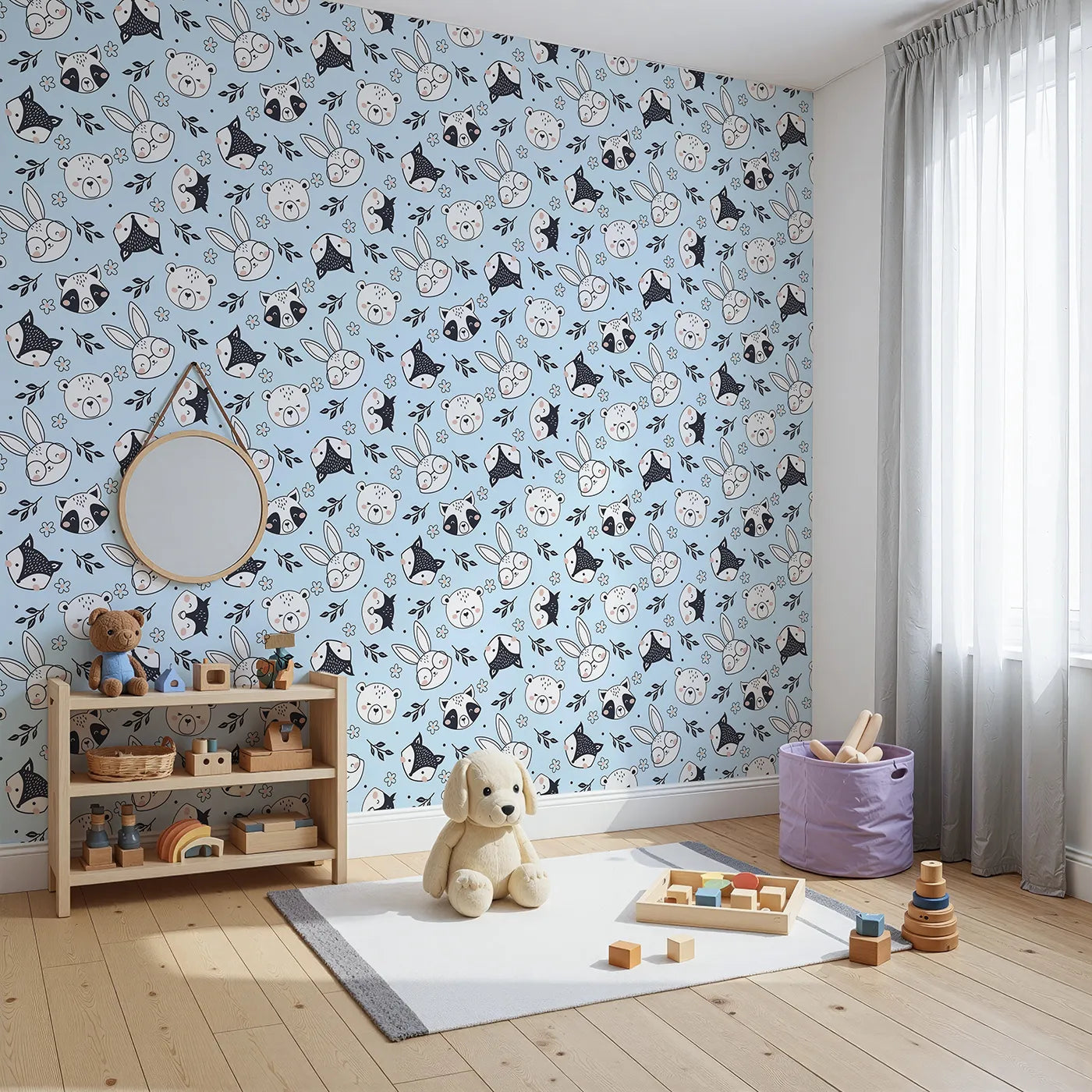 Angled view of Whimsy Tots' Woodland Scribble Friends Wallpaper in Blue (W3456E).Playful forest animals pop against a cheerful sky-blue backdrop.