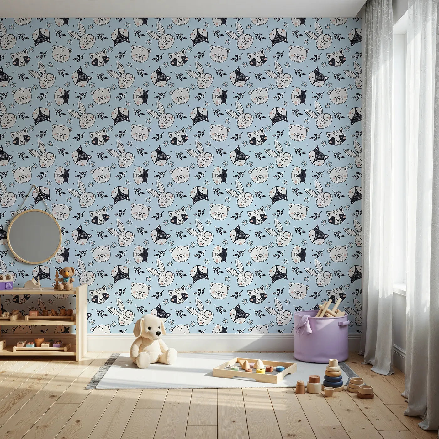 Front view of Whimsy Tots' Woodland Scribble Friends Wallpaper in Blue