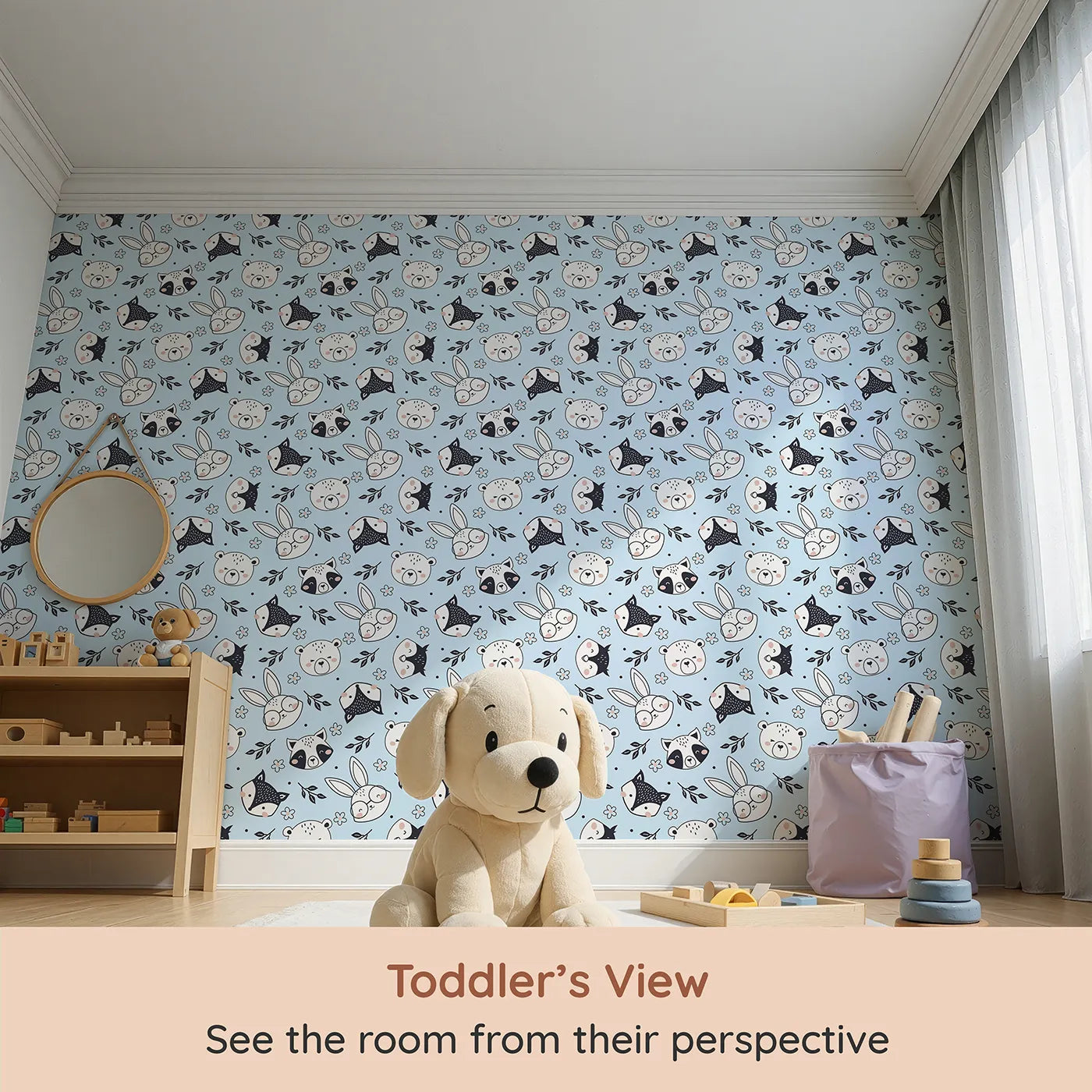 Whimsy Tots Woodland Scribble Friends Wallpaper in Blue (W3456E) from your child's view.Playful forest animals pop against a cheerful sky-blue backdrop.