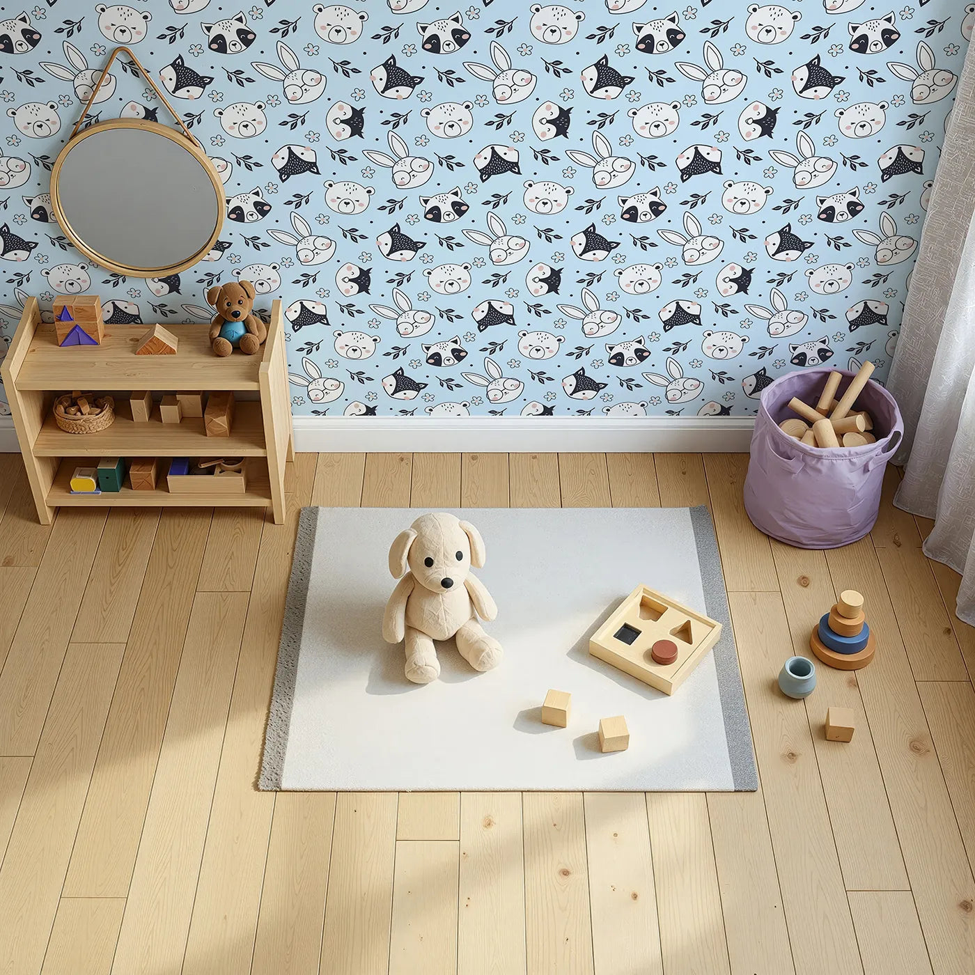 Top-Down view of Whimsy Tots' Woodland Scribble Friends Wallpaper in Blue (W3456E).Playful forest animals pop against a cheerful sky-blue backdrop.