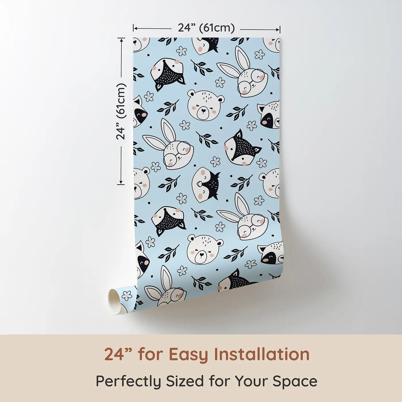 Dimension view of Whimsy Tots Woodland Scribble Friends Wallpaper in Blue (W3456E). Printed in 24-inch-wide panel for easy installation. Playful forest animals pop against a cheerful sky-blue backdrop.