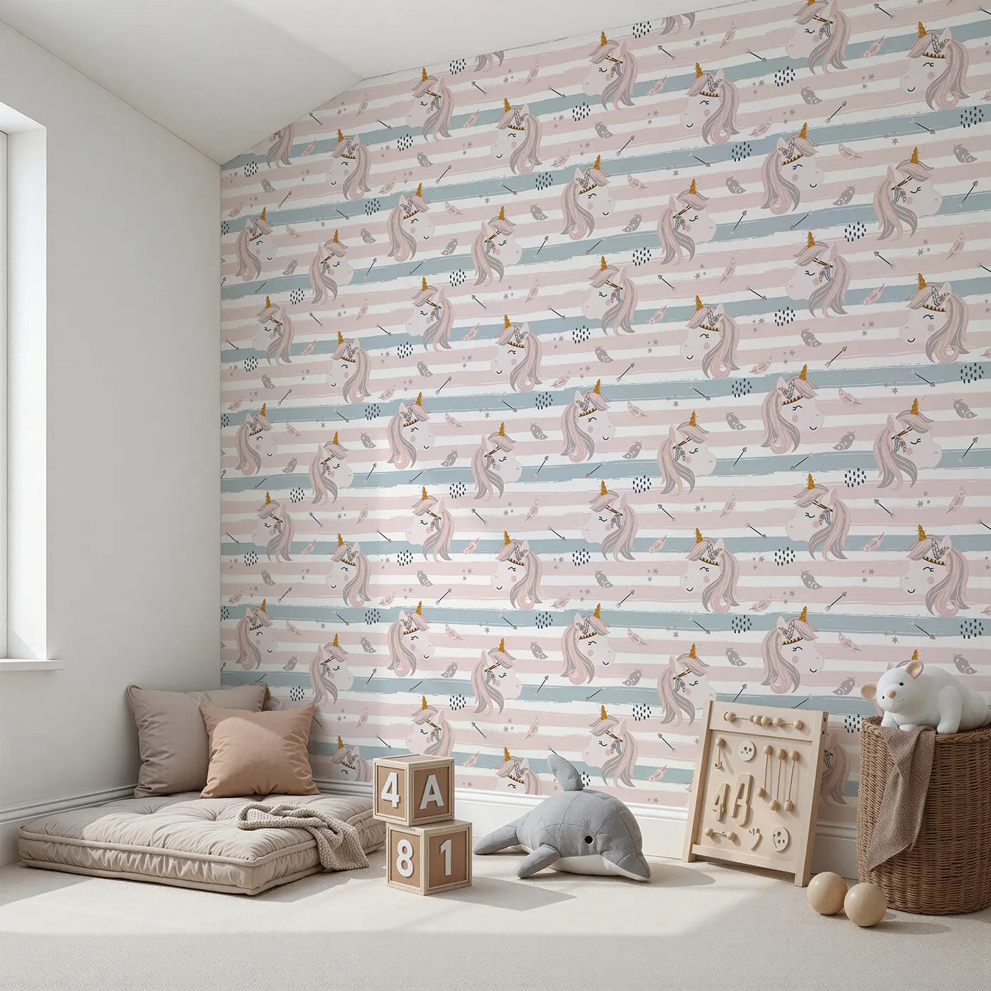 Angled view of Whimsy Tots' Boho Dream Unicorn Wallpaper (W3457).Peaceful unicorns and tribal feathers float across a dreamy striped sky.