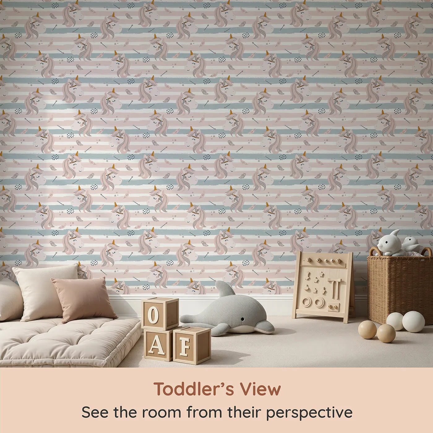 Whimsy Tots Boho Dream Unicorn Wallpaper (W3457) from your child's view.Peaceful unicorns and tribal feathers float across a dreamy striped sky.
