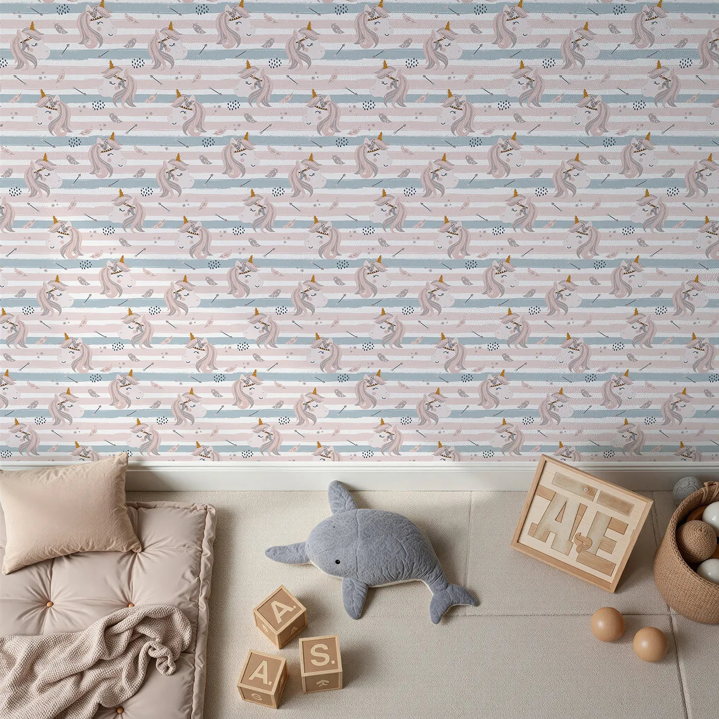 Top-Down view of Whimsy Tots' Boho Dream Unicorn Wallpaper (W3457).Peaceful unicorns and tribal feathers float across a dreamy striped sky.