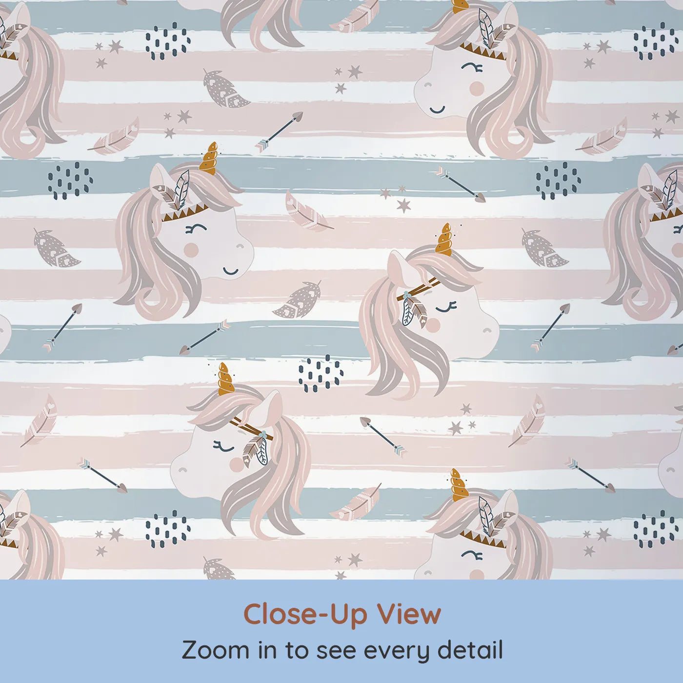 Close-up view of Whimsy Tots' Boho Dream Unicorn Wallpaper (W3457).Peaceful unicorns and tribal feathers float across a dreamy striped sky.