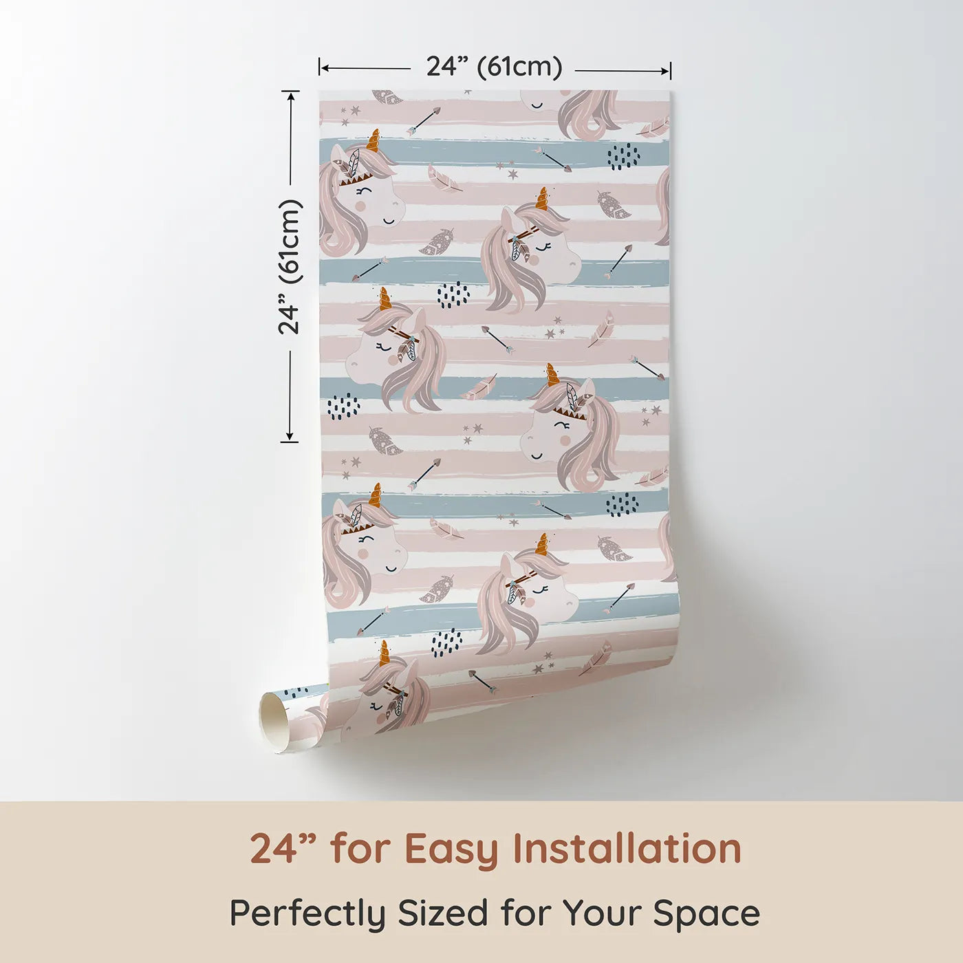 Dimension view of Whimsy Tots Boho Dream Unicorn Wallpaper (W3457). Printed in 24-inch-wide panel for easy installation. Peaceful unicorns and tribal feathers float across a dreamy striped sky.