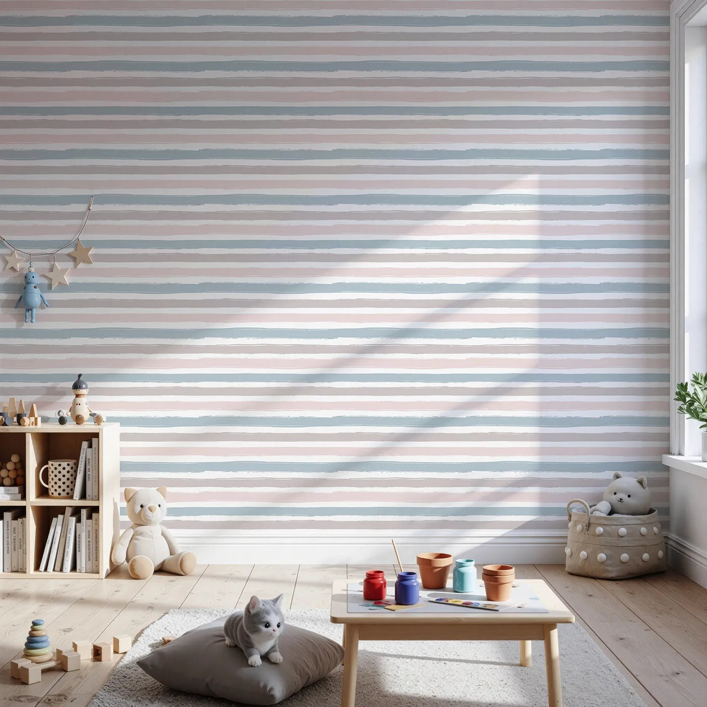 Front view of Whimsy Tots' Boho Striped Sky Wallpaper