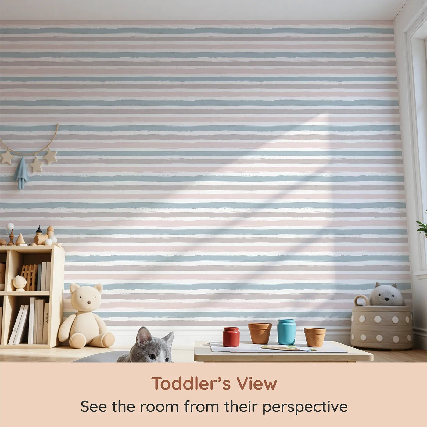 Whimsy Tots Boho Striped Sky Wallpaper (W3458) from your child's view.Soft brushstroke stripes set the scene for dreams to grow.