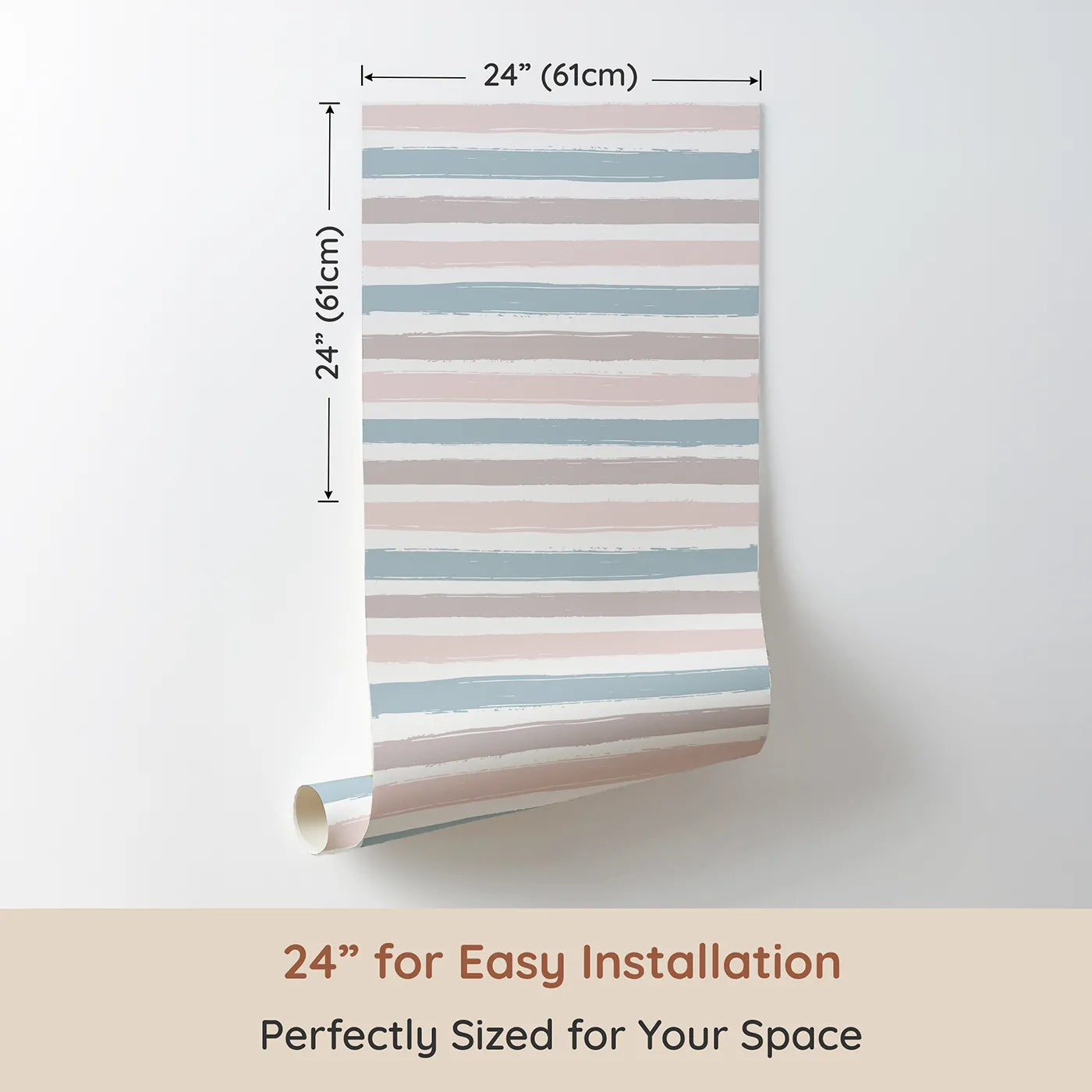 Dimension view of Whimsy Tots Boho Striped Sky Wallpaper (W3458). Printed in 24-inch-wide panel for easy installation. Soft brushstroke stripes set the scene for dreams to grow.