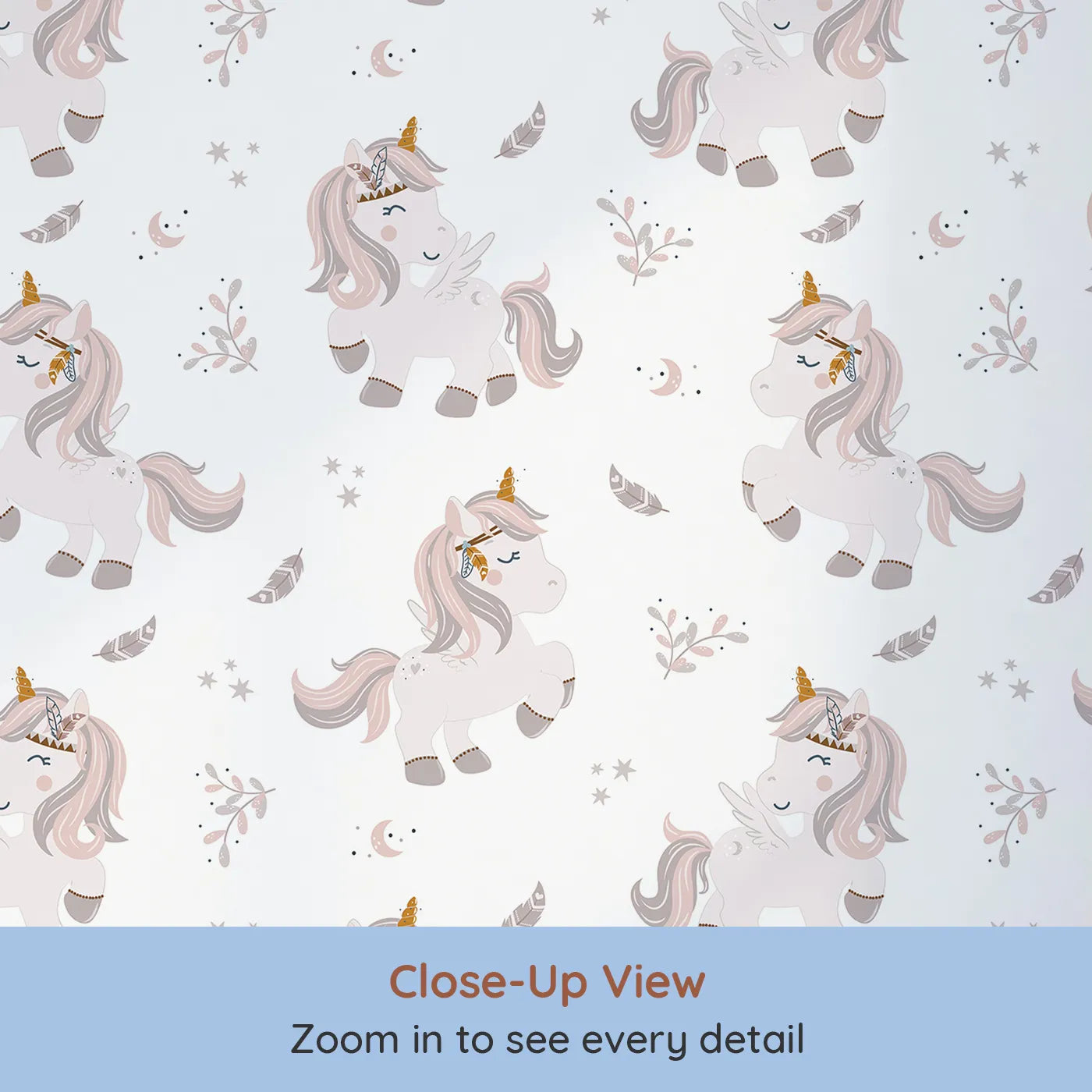 Close-up view of Whimsy Tots' Feathered DaydreamโฏUnicorn Wallpaper in White (W3460A).Blushy unicorns and drifting feathers whisk little hearts into gentle dreams.