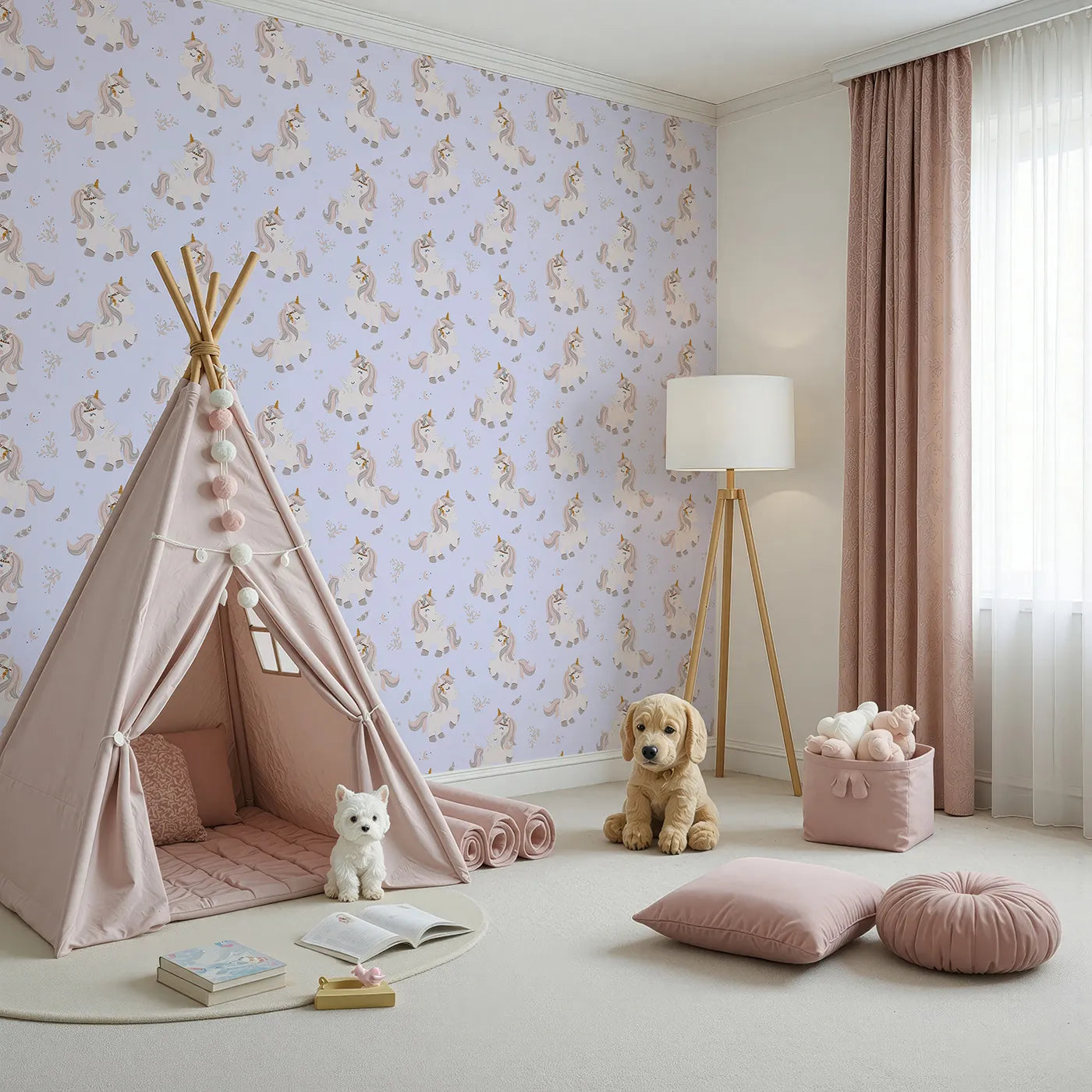 Angled view of Whimsy Tots' Feathered Daydream Unicorn Wallpaper in Lavender Purple (W3460C).Blushy unicorns and drifting feathers whisk little hearts into gentle dreams.
