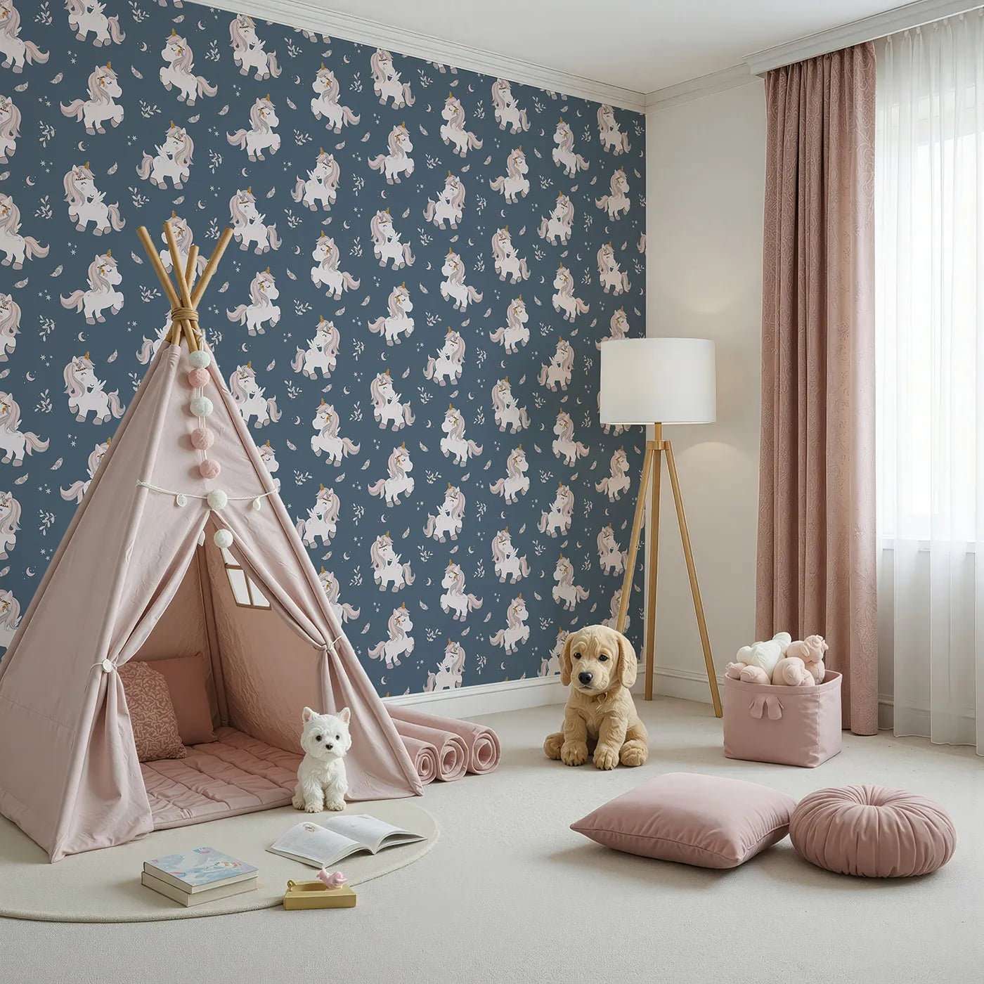 Angled view of Whimsy Tots' Feathered Daydream Unicorn Wallpaper in Navy Blue (W3460D).Blushy unicorns and drifting feathers whisk little hearts into gentle dreams.