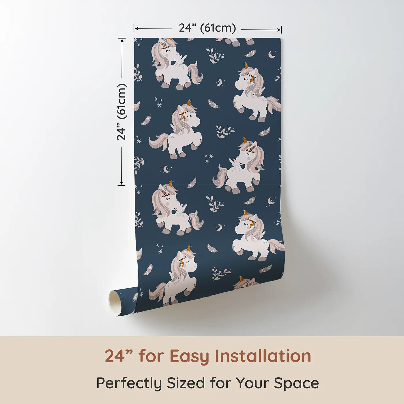 Dimension view of Whimsy Tots Feathered Daydream Unicorn Wallpaper in Navy Blue (W3460D). Printed in 24-inch-wide panel for easy installation. Blushy unicorns and drifting feathers whisk little hearts into gentle dreams.