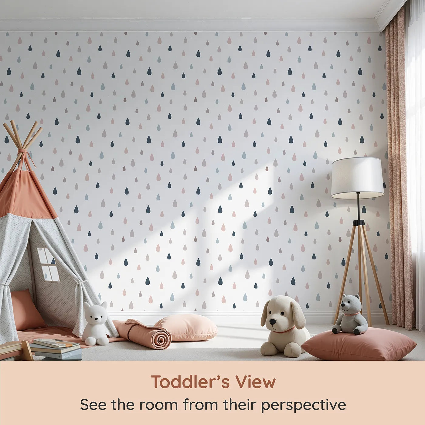 Whimsy Tots Raindrop Rhythm Wallpaper in Soft Mix (W3461) from your child's view.Pastel drops fall like soft lullabies across a white sky.