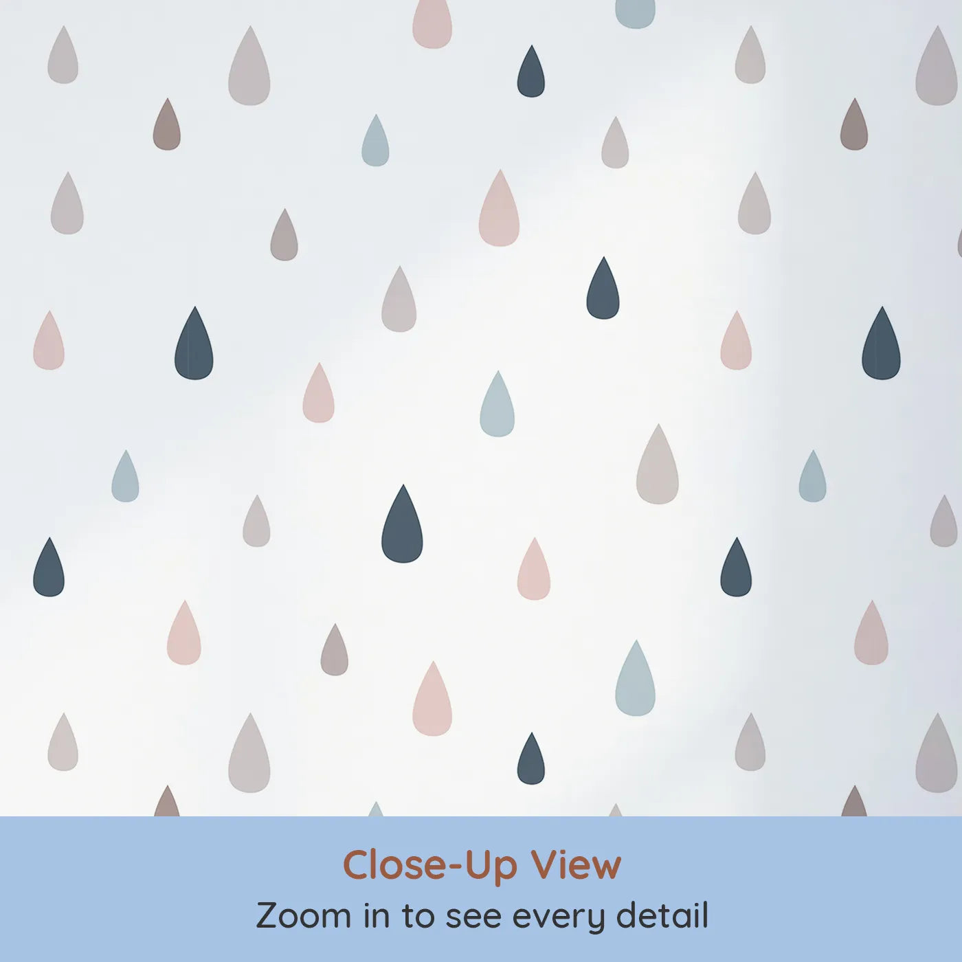 Close-up view of Whimsy Tots' Raindrop Rhythm Wallpaper in Soft Mix (W3461).Pastel drops fall like soft lullabies across a white sky.