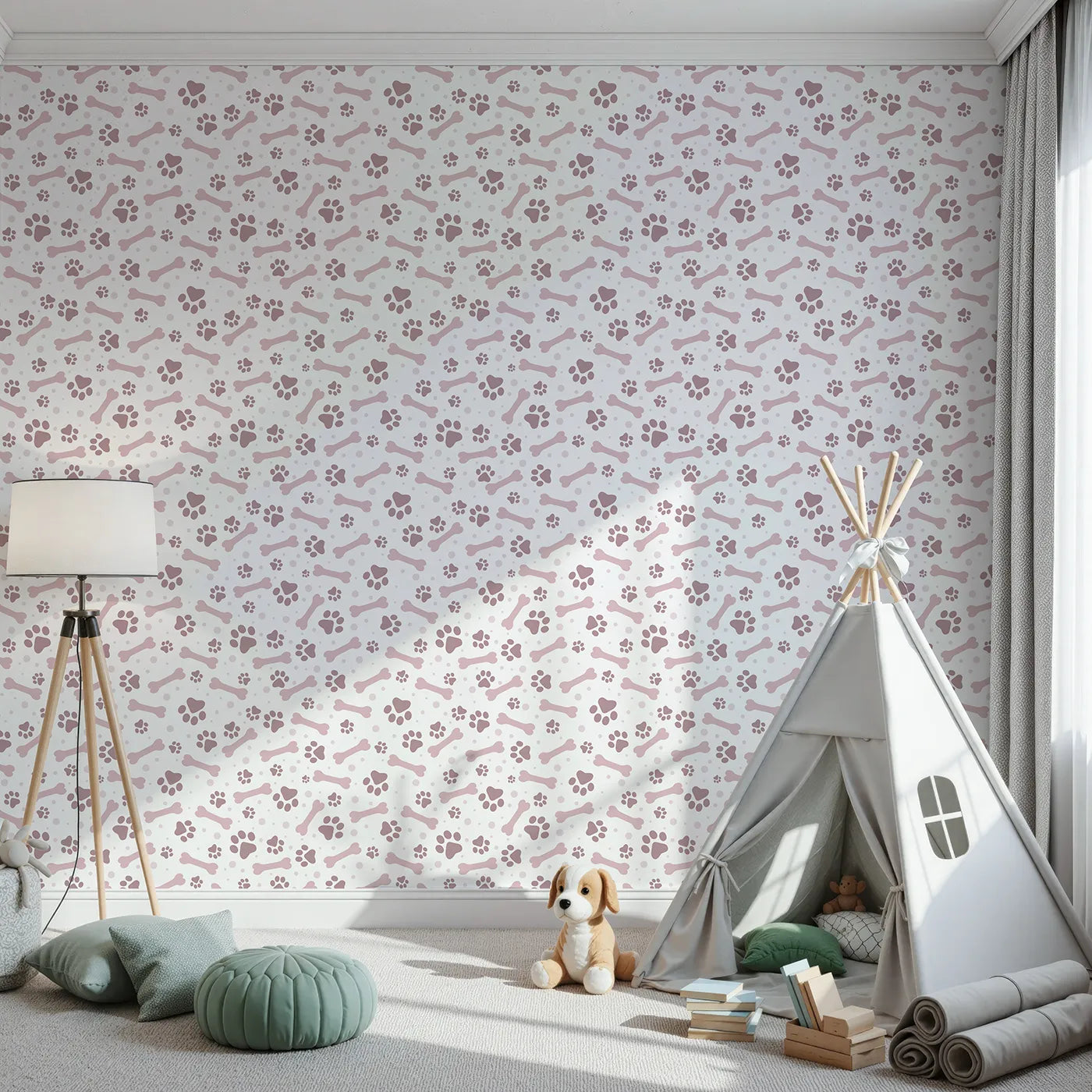 Front view of Whimsy Tots' Puppy Paw Parade Wallpaper in Blush Pink