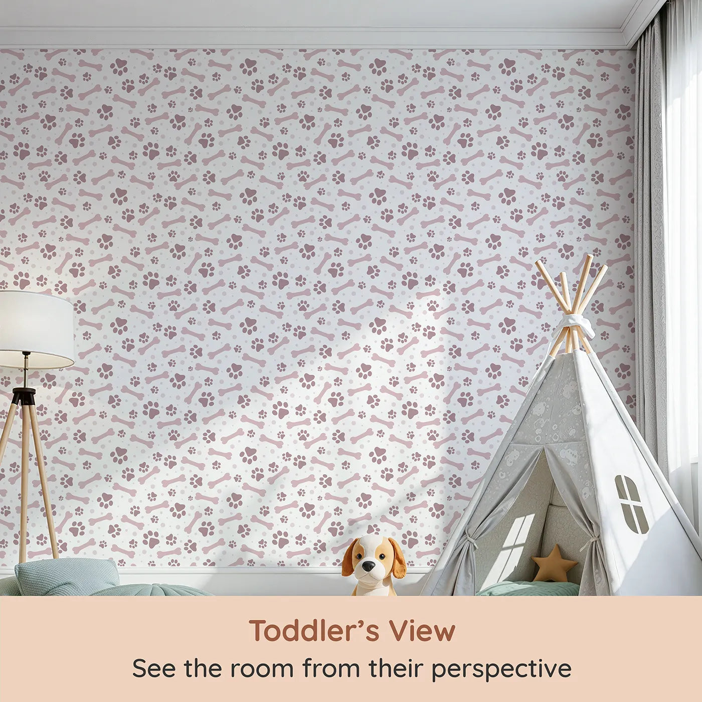 Whimsy Tots Puppy Paw Parade Wallpaper in Blush Pink (W3462A) from your child's view.Blush paw prints and bones prance across a white sky of joy.