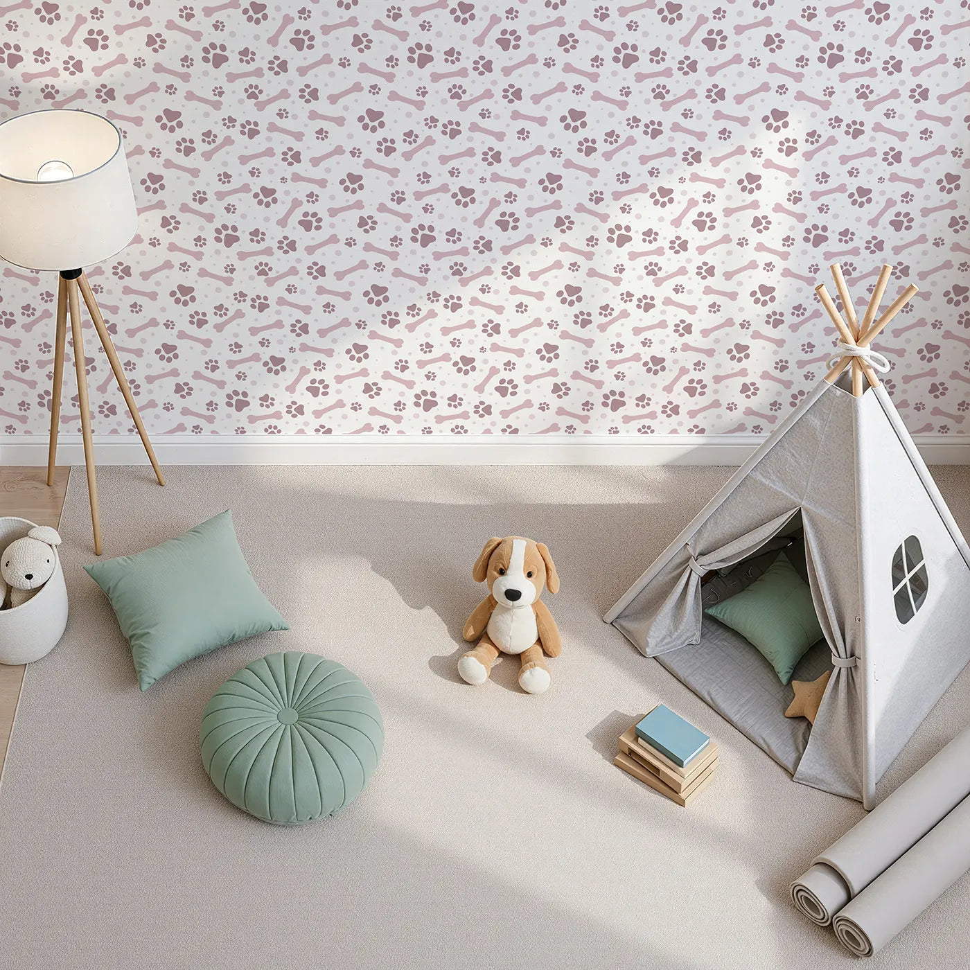 Top-Down view of Whimsy Tots' Puppy Paw Parade Wallpaper in Blush Pink (W3462A).Blush paw prints and bones prance across a white sky of joy.