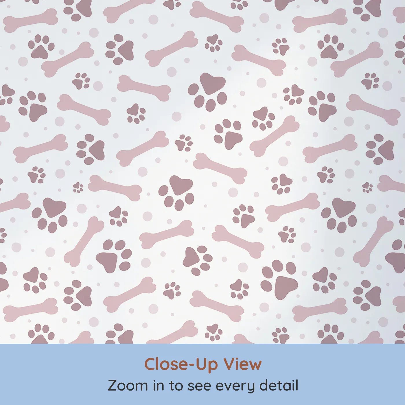 Close-up view of Whimsy Tots' Puppy Paw Parade Wallpaper in Blush Pink (W3462A).Blush paw prints and bones prance across a white sky of joy.
