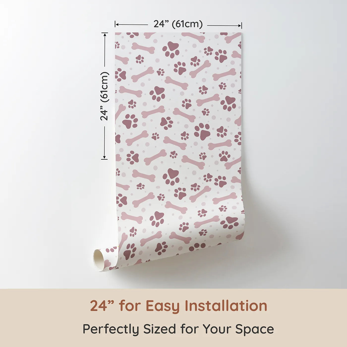 Dimension view of Whimsy Tots Puppy Paw Parade Wallpaper in Blush Pink (W3462A). Printed in 24-inch-wide panel for easy installation. Blush paw prints and bones prance across a white sky of joy.
