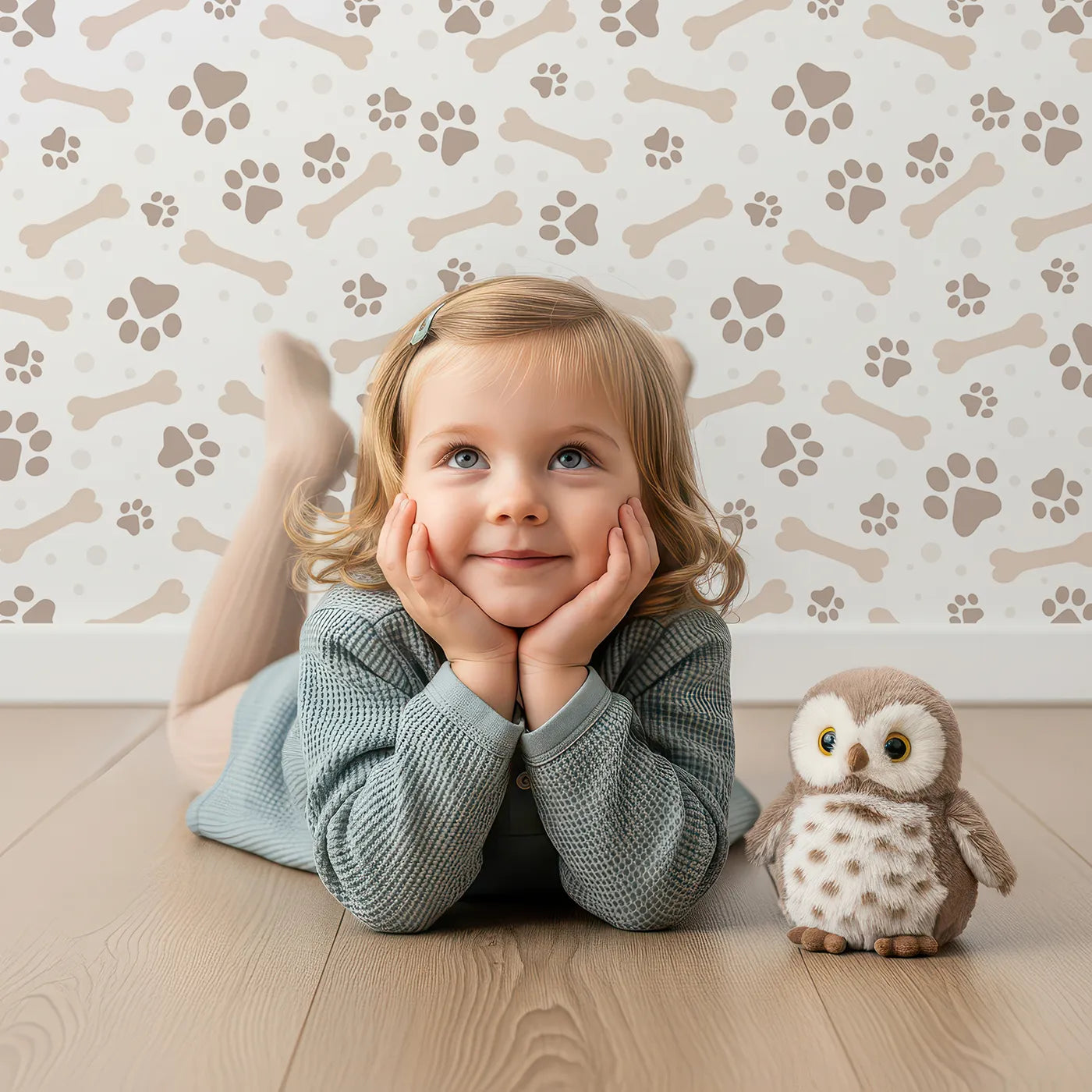 Lovely child standing in front of Whimsy Tots Puppy Paw Parade Wallpaper in Beige with paw, bone, dot in design.