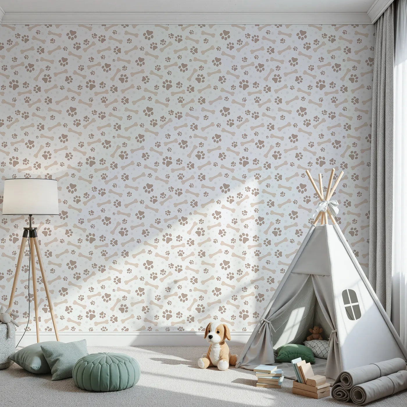 Front view of Whimsy Tots' Puppy Paw Parade Wallpaper in Beige