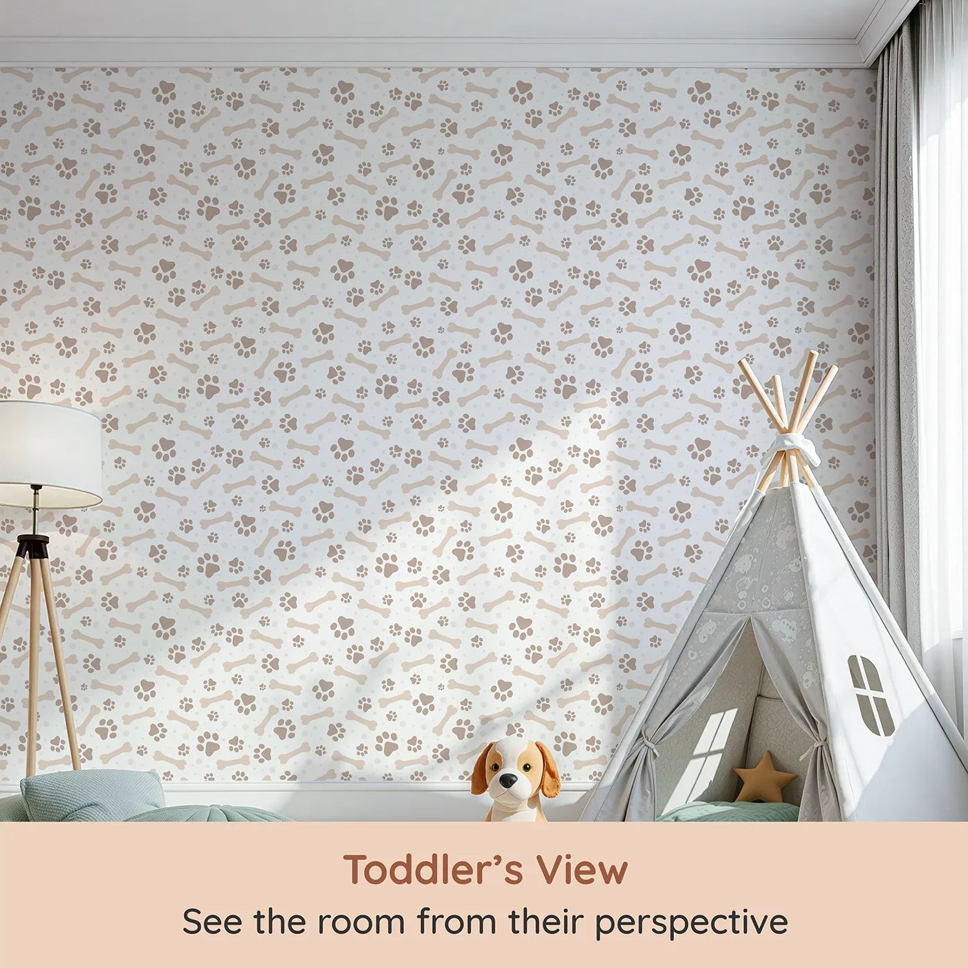 Whimsy Tots Puppy Paw Parade Wallpaper in Beige (W3462B) from your child's view.Taupe paws and biscuits dance across a creamy white sky.