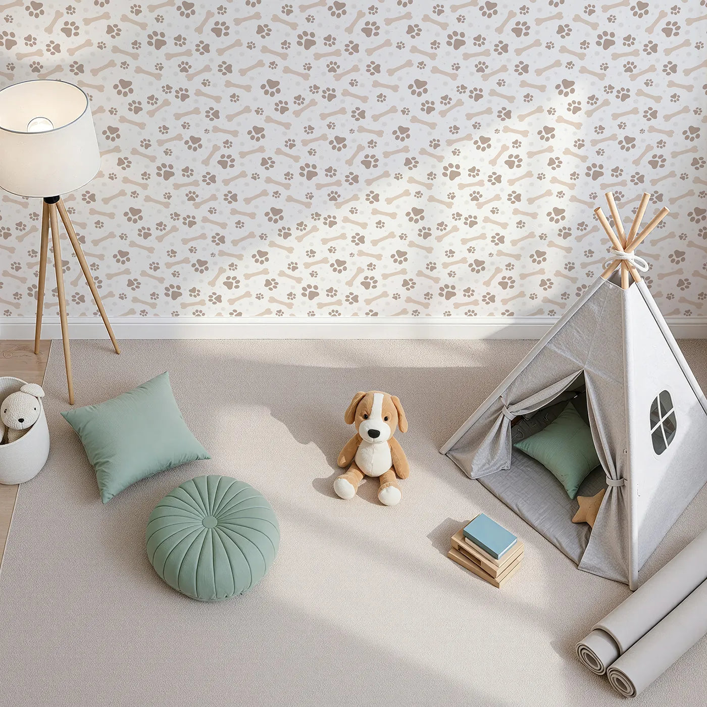 Top-Down view of Whimsy Tots' Puppy Paw Parade Wallpaper in Beige (W3462B).Taupe paws and biscuits dance across a creamy white sky.