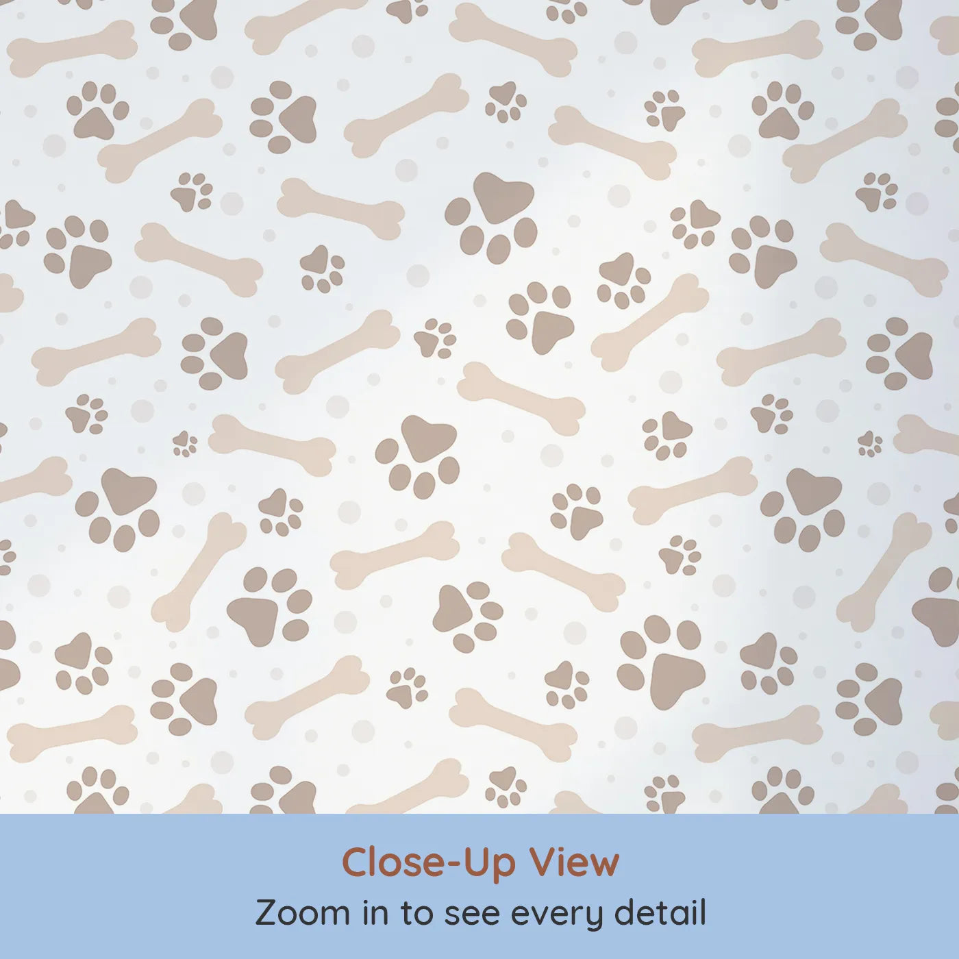 Close-up view of Whimsy Tots' Puppy Paw Parade Wallpaper in Beige (W3462B).Taupe paws and biscuits dance across a creamy white sky.