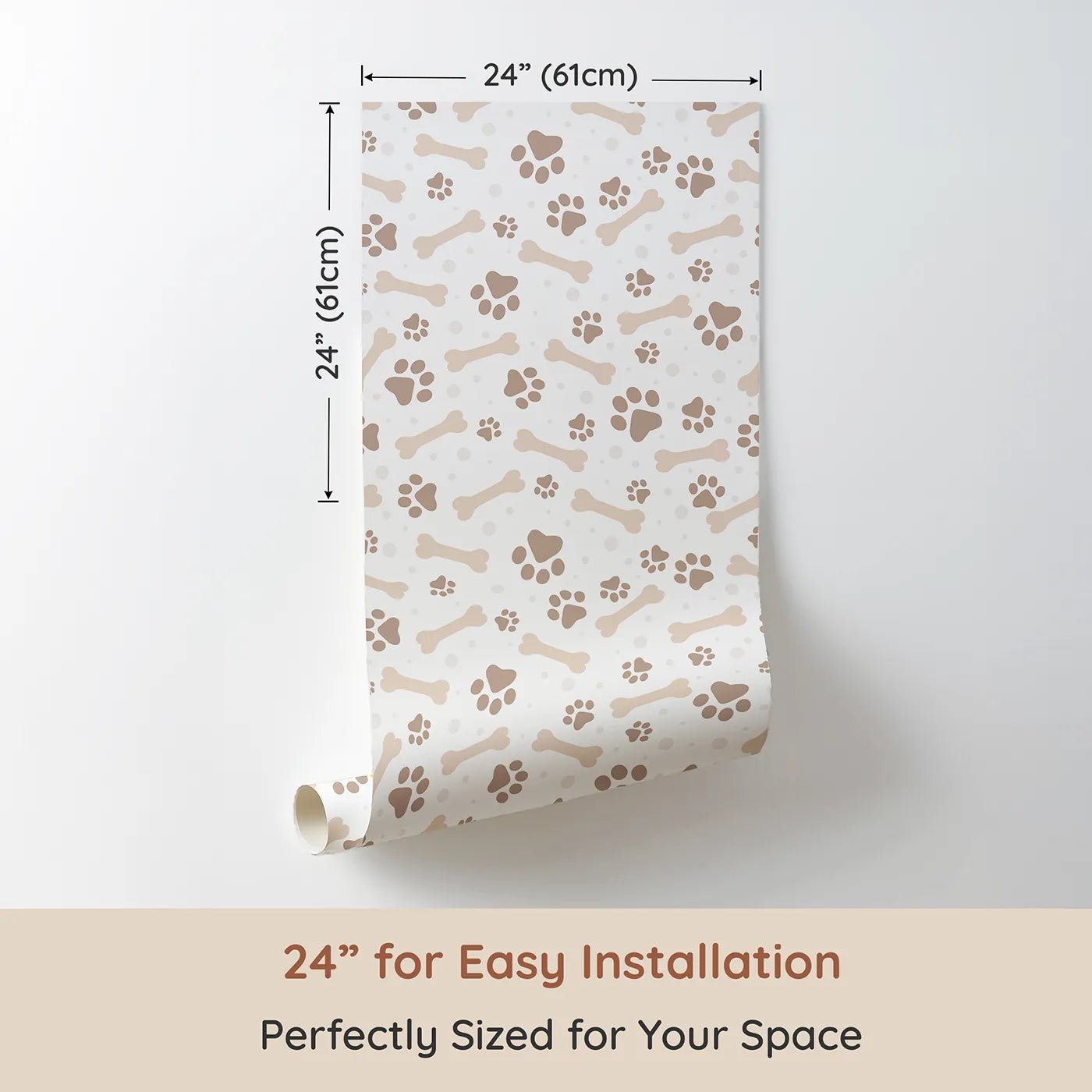 Dimension view of Whimsy Tots Puppy Paw Parade Wallpaper in Beige (W3462B). Printed in 24-inch-wide panel for easy installation. Taupe paws and biscuits dance across a creamy white sky.