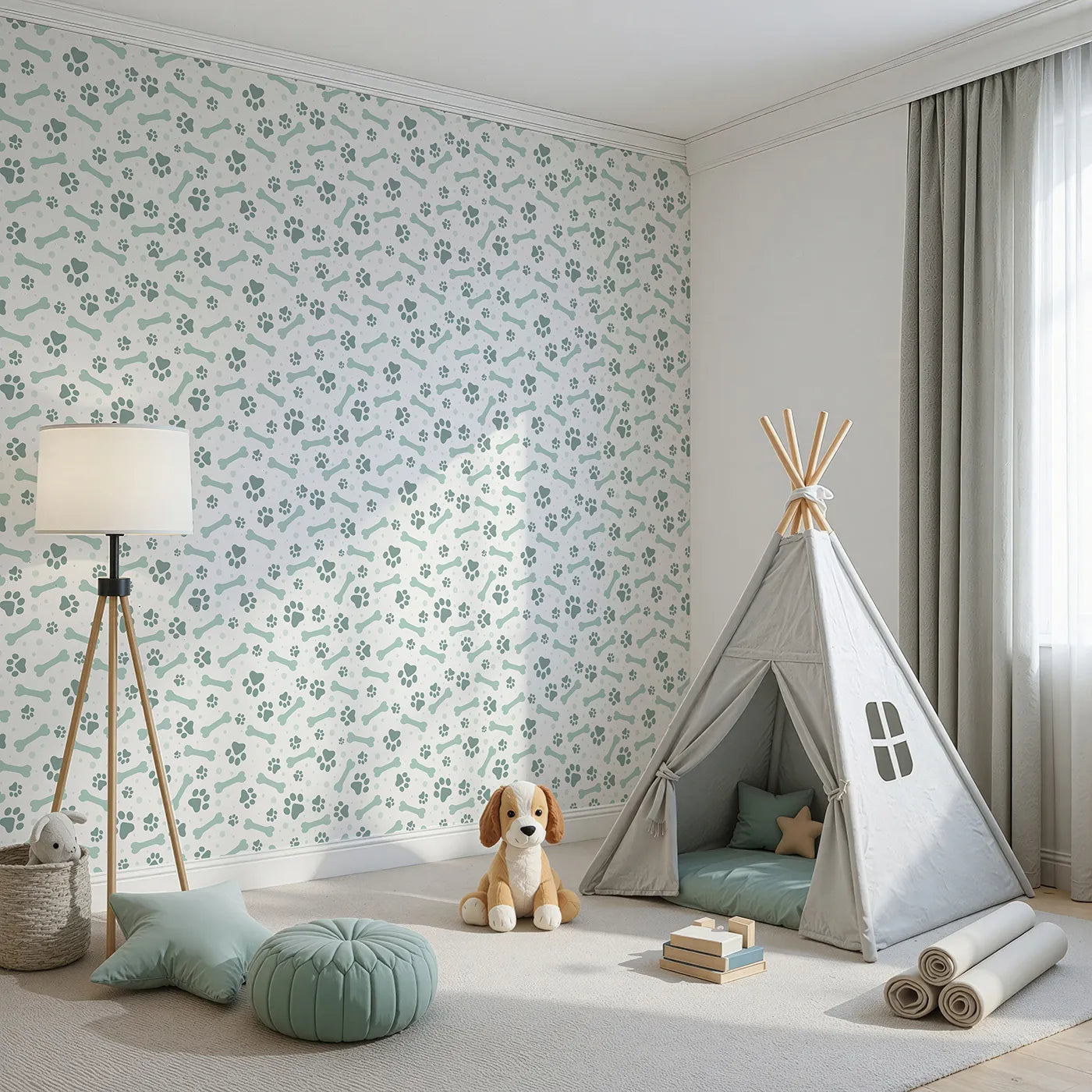 Angled view of Whimsy Tots' Puppy Paw Parade Wallpaper in Mint Green (W3462C).Minty paws and playful bones scatter across a breezy white sky.