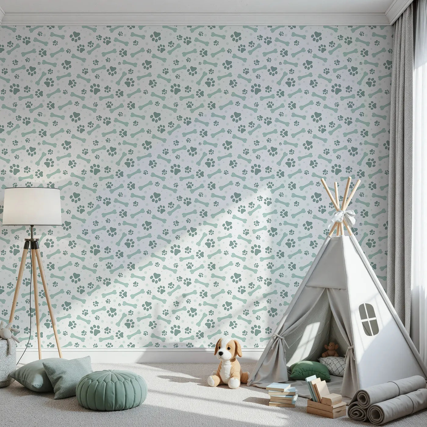 Front view of Whimsy Tots' Puppy Paw Parade Wallpaper in Mint Green