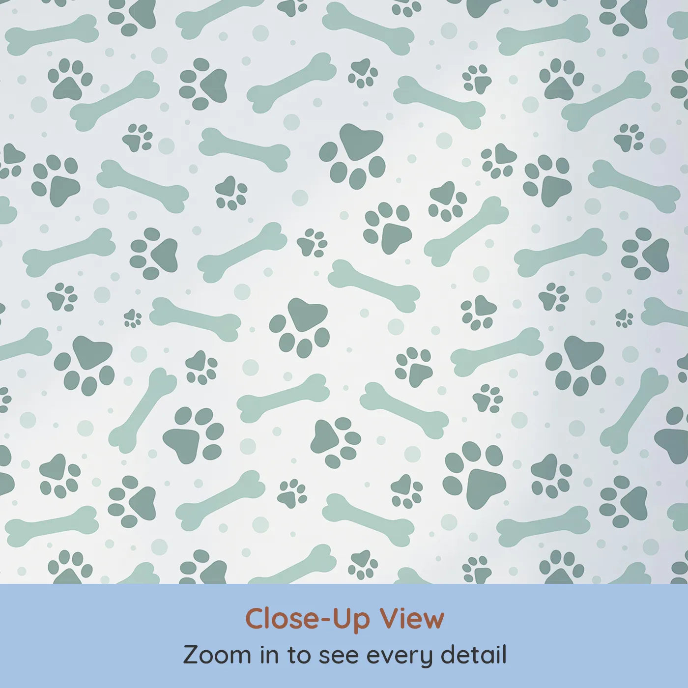 Close-up view of Whimsy Tots' Puppy Paw Parade Wallpaper in Mint Green (W3462C).Minty paws and playful bones scatter across a breezy white sky.