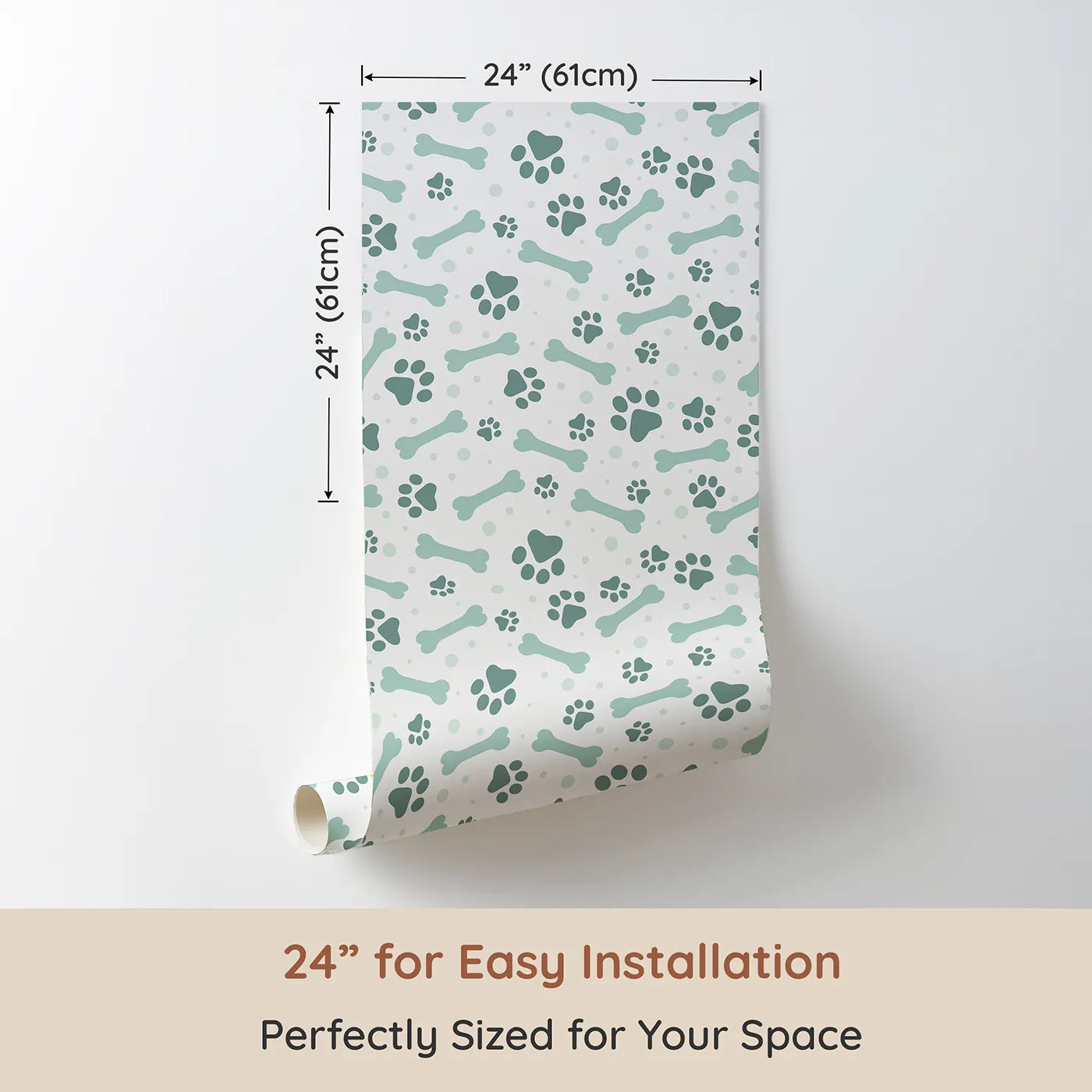 Dimension view of Whimsy Tots Puppy Paw Parade Wallpaper in Mint Green (W3462C). Printed in 24-inch-wide panel for easy installation. Minty paws and playful bones scatter across a breezy white sky.