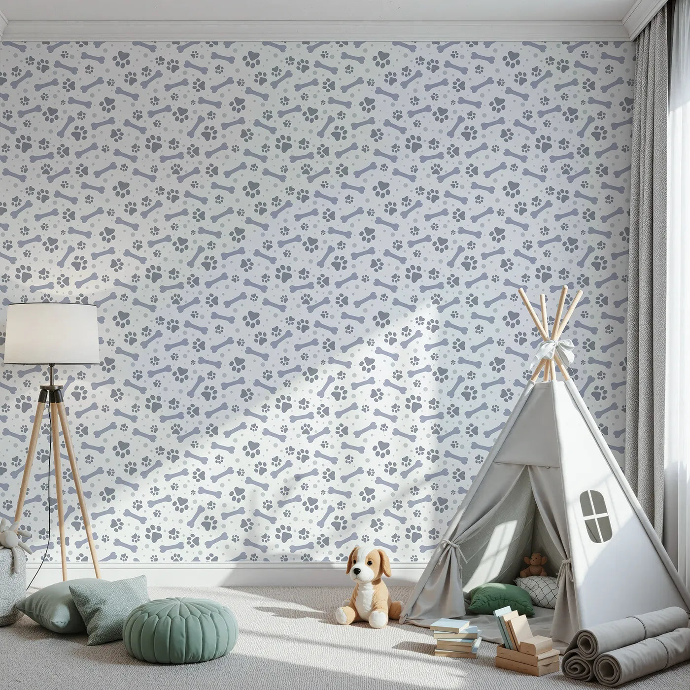 Front view of Whimsy Tots' Puppy Paw Parade Wallpaper in Blue Gray