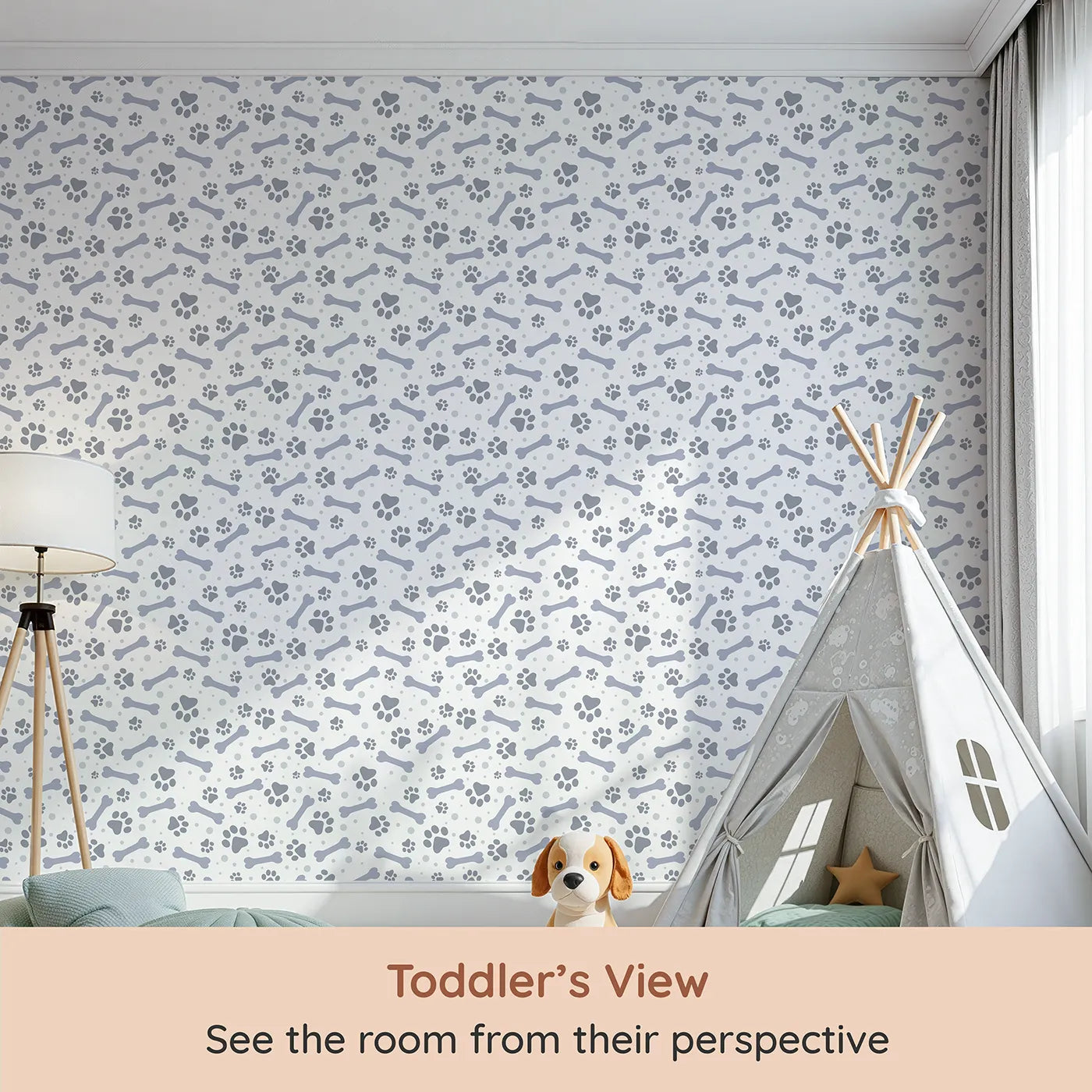 Whimsy Tots Puppy Paw Parade Wallpaper in Blue Gray (W3462D) from your child's view.Bluish-gray paw prints and bones play softly across a clean white sky.