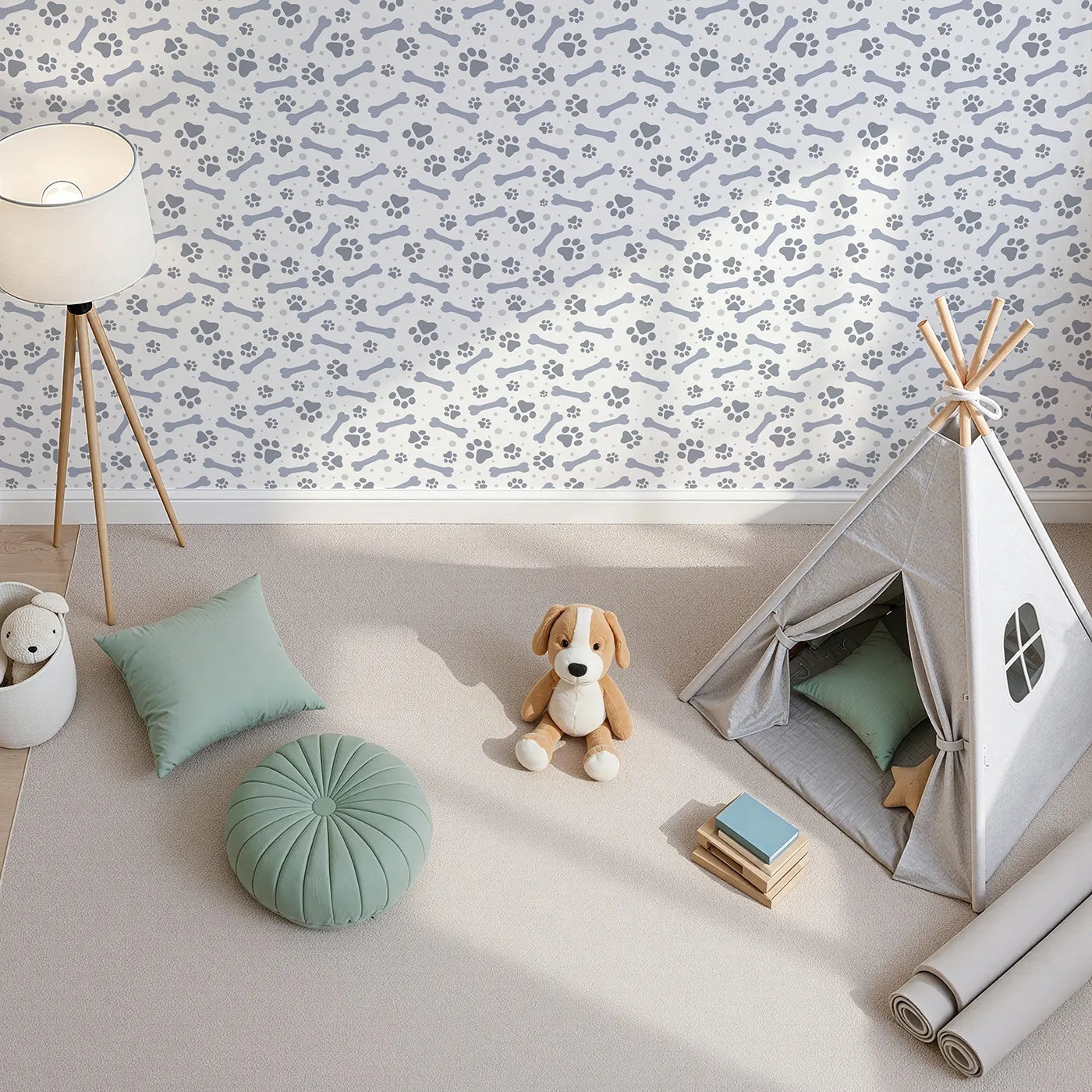 Top-Down view of Whimsy Tots' Puppy Paw Parade Wallpaper in Blue Gray (W3462D).Bluish-gray paw prints and bones play softly across a clean white sky.