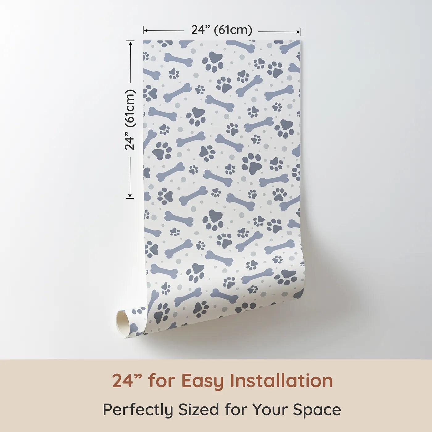 Dimension view of Whimsy Tots Puppy Paw Parade Wallpaper in Blue Gray (W3462D). Printed in 24-inch-wide panel for easy installation. Bluish-gray paw prints and bones play softly across a clean white sky.